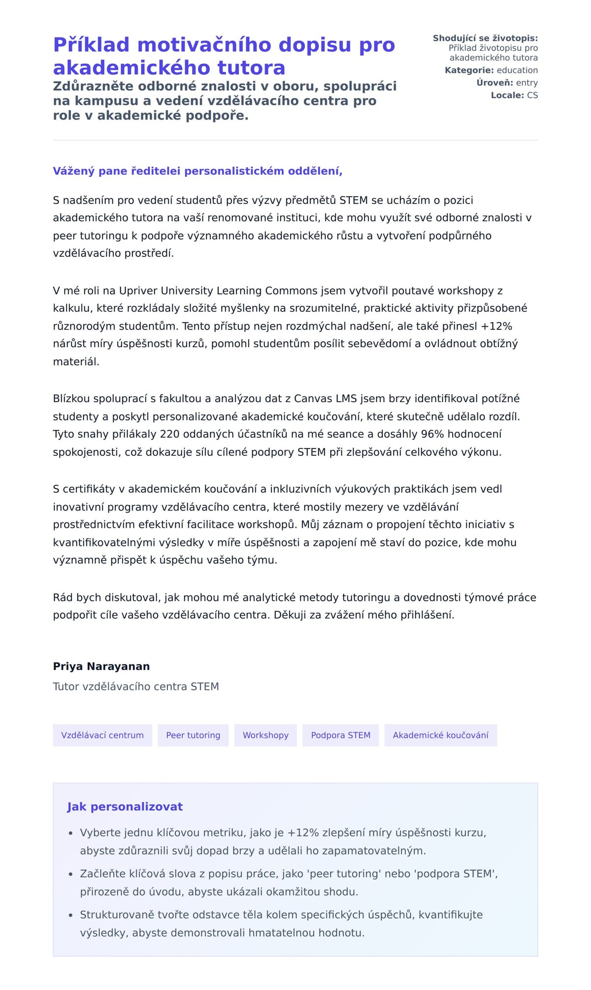 Náhled motivačního dopisu pro Příklad motivačního dopisu pro akademického tutora