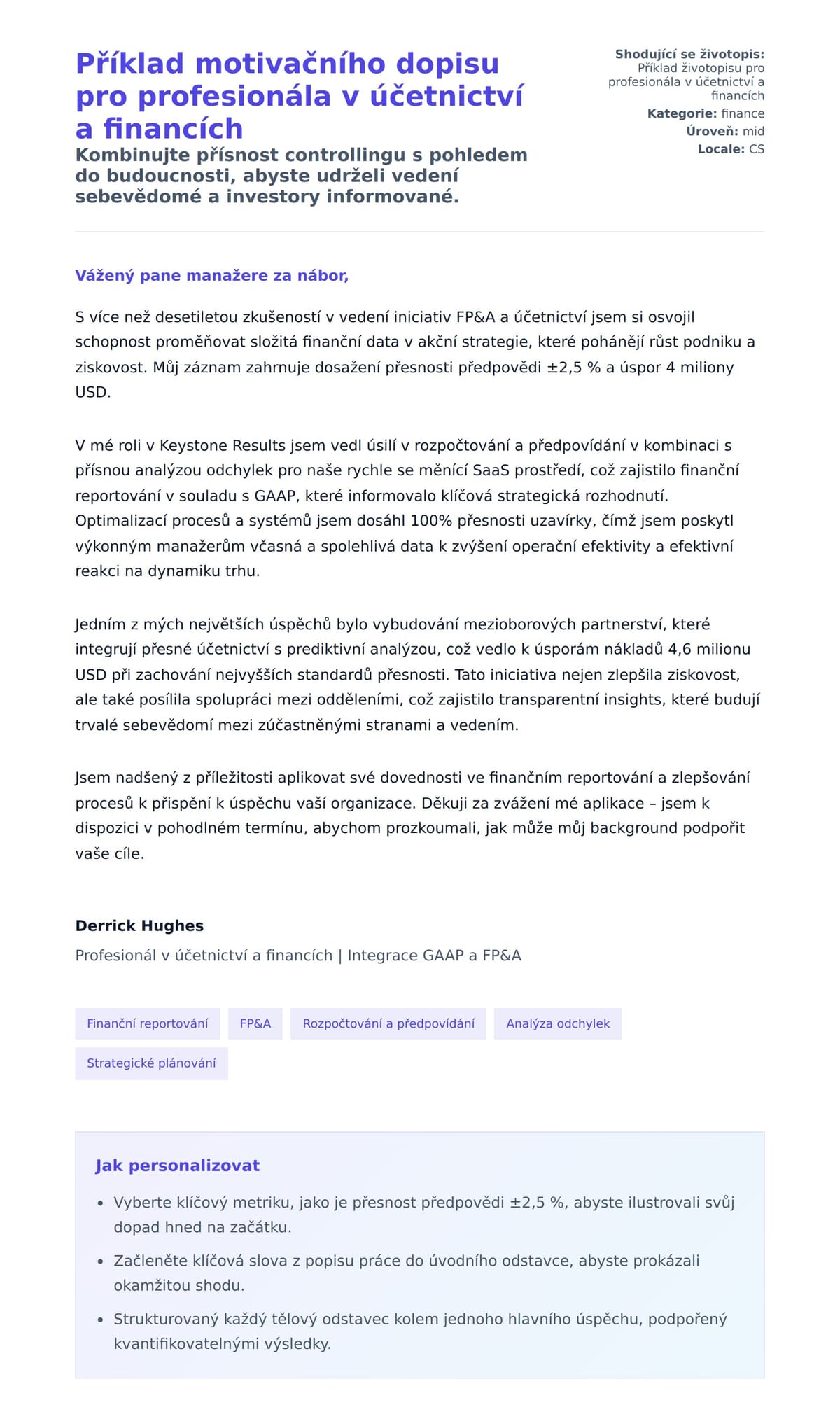Náhled motivačního dopisu pro Příklad motivačního dopisu pro profesionála v účetnictví a financích