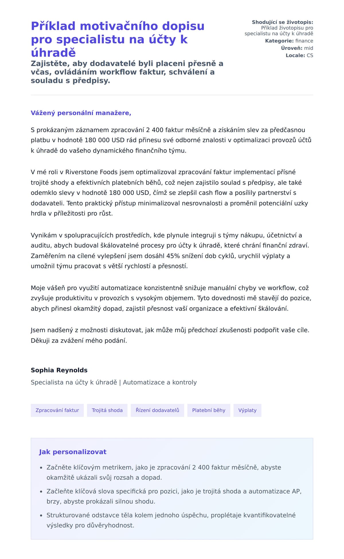 Náhled motivačního dopisu pro Příklad motivačního dopisu pro specialistu na účty k úhradě