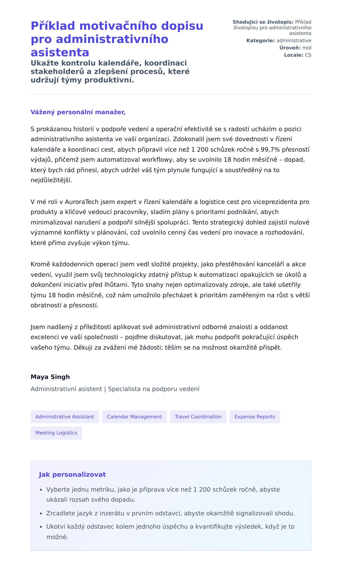 Náhled motivačního dopisu pro Příklad motivačního dopisu pro administrativního asistenta