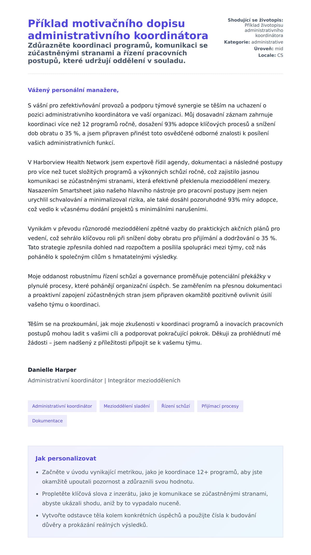 Náhled motivačního dopisu pro Příklad motivačního dopisu administrativního koordinátora