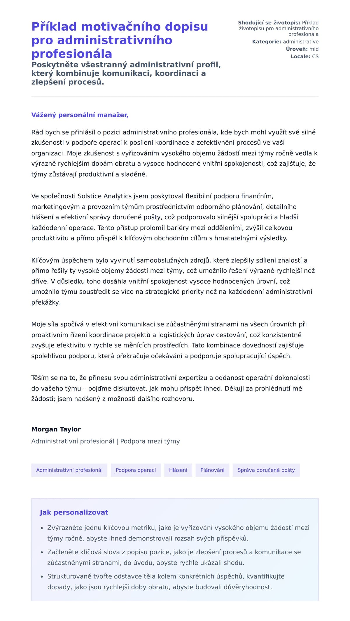 Náhled motivačního dopisu pro Příklad motivačního dopisu pro administrativního profesionála