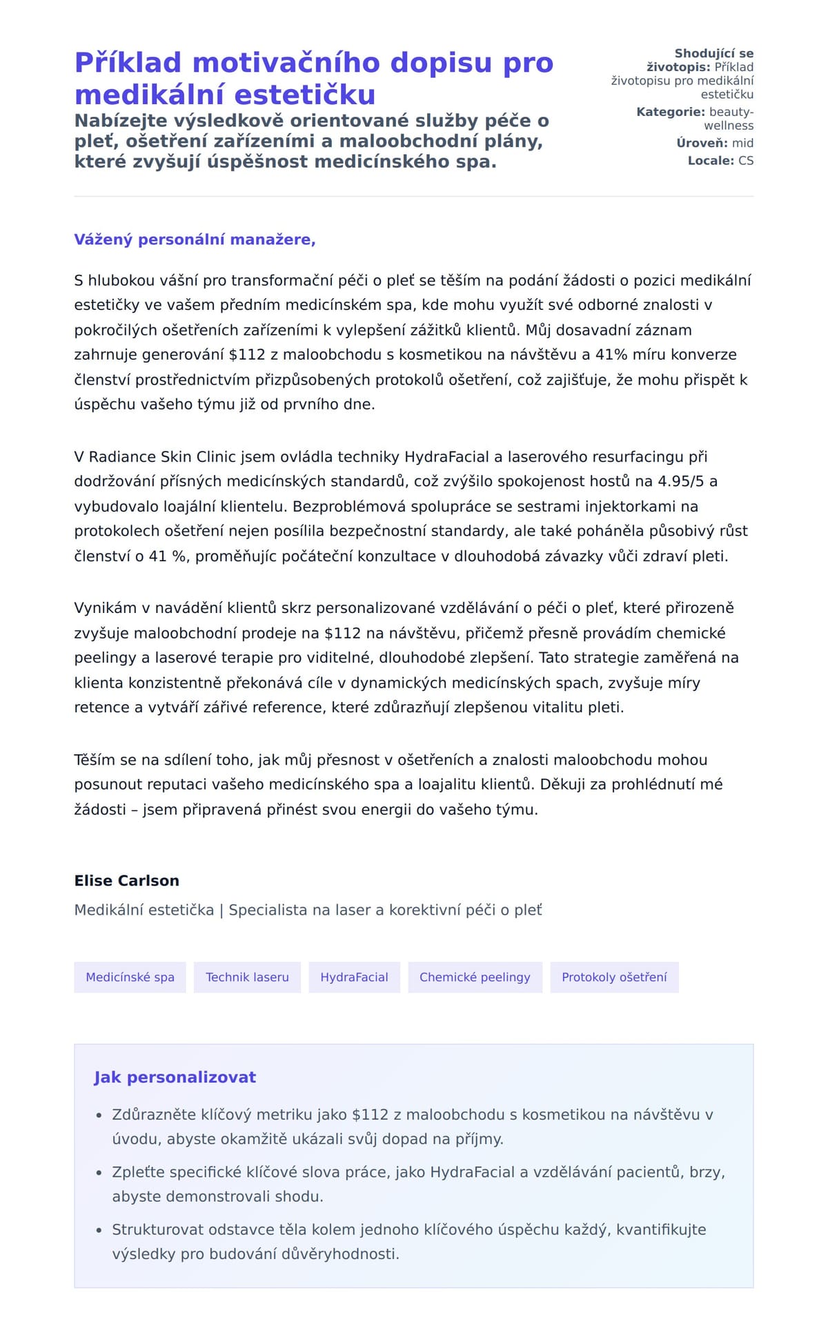 Náhled motivačního dopisu pro Příklad motivačního dopisu pro medikální estetičku