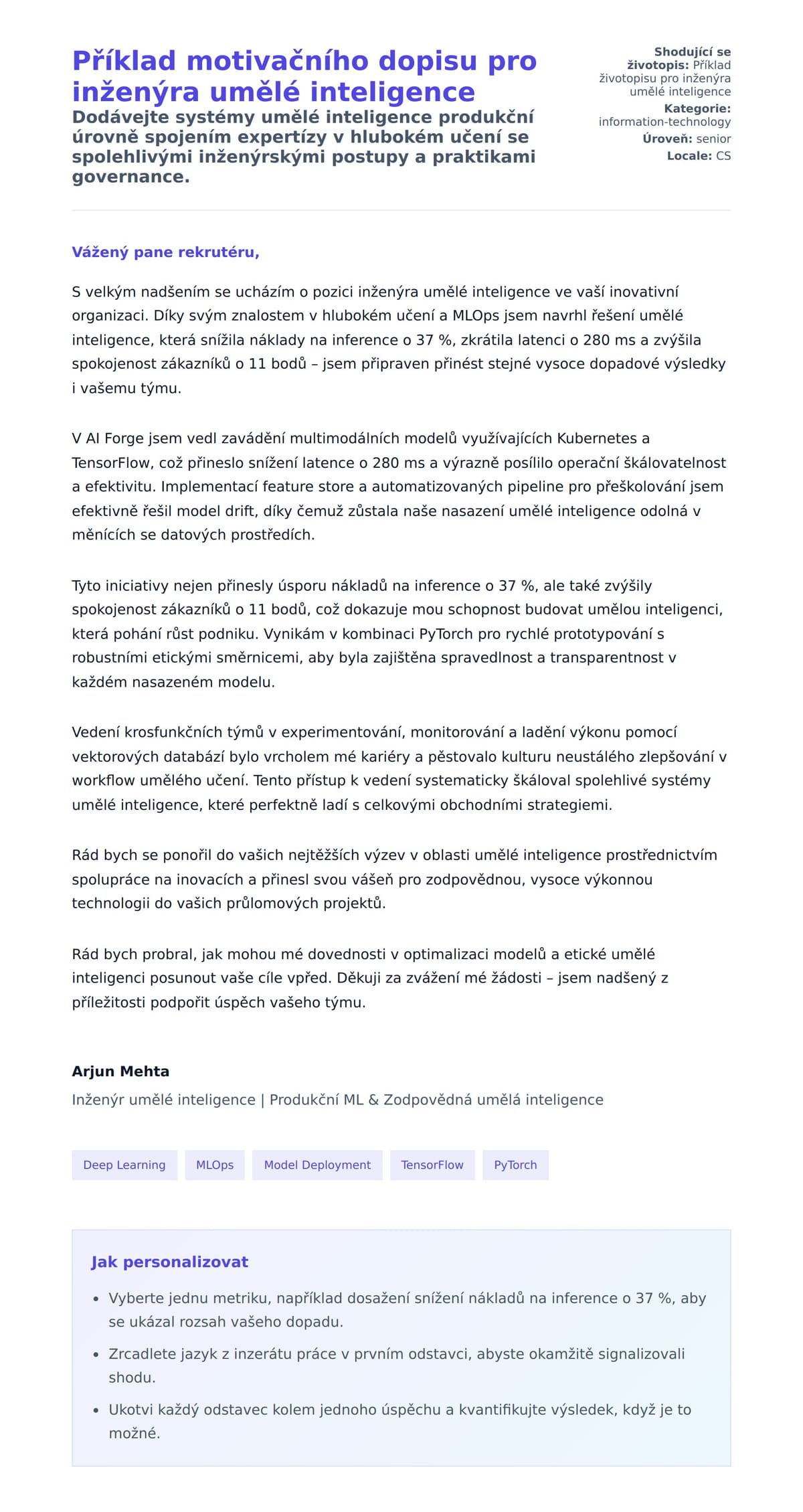 Náhled motivačního dopisu pro Příklad motivačního dopisu pro inženýra umělé inteligence