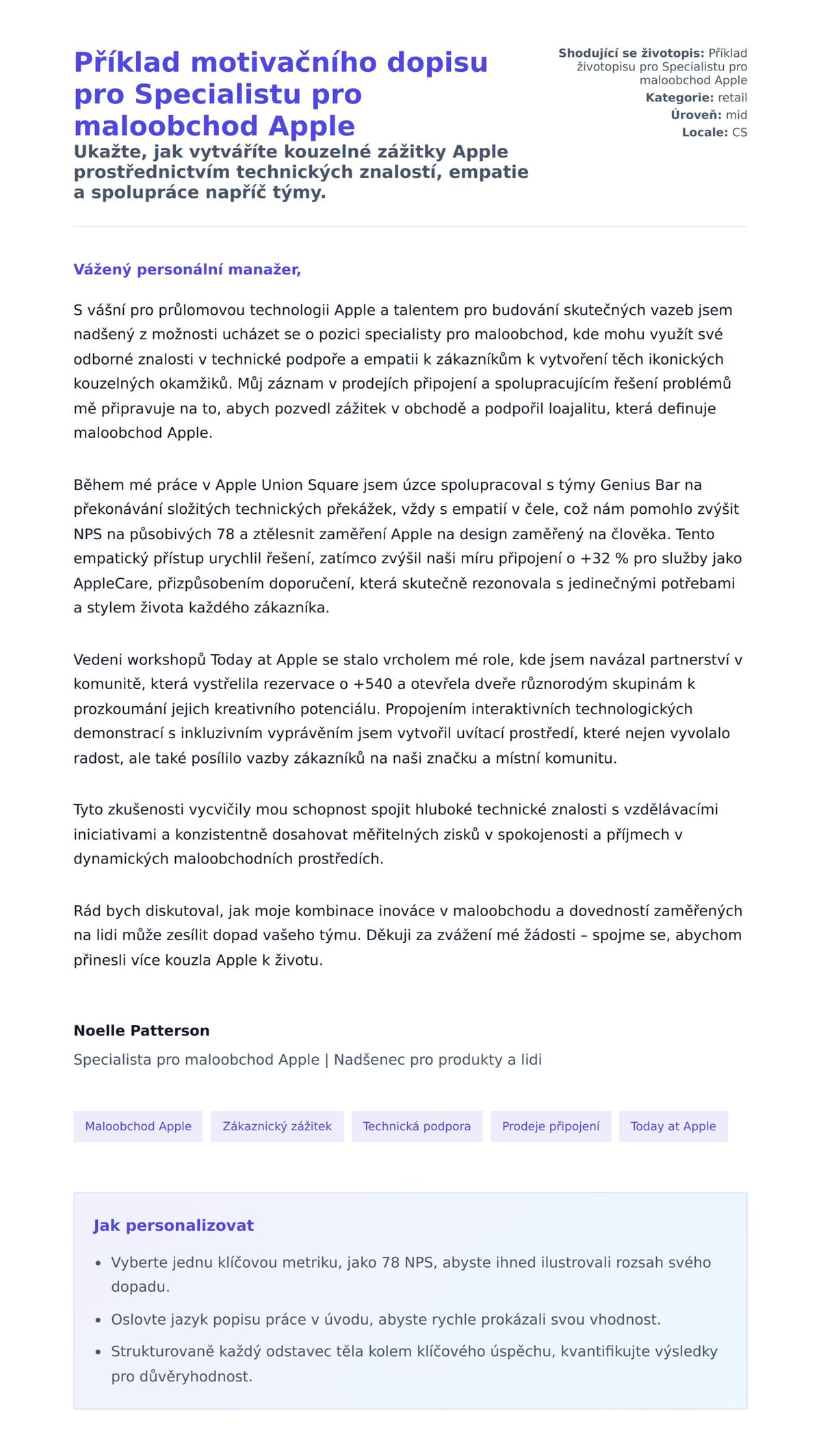 Náhled motivačního dopisu pro Příklad motivačního dopisu pro Specialistu pro maloobchod Apple
