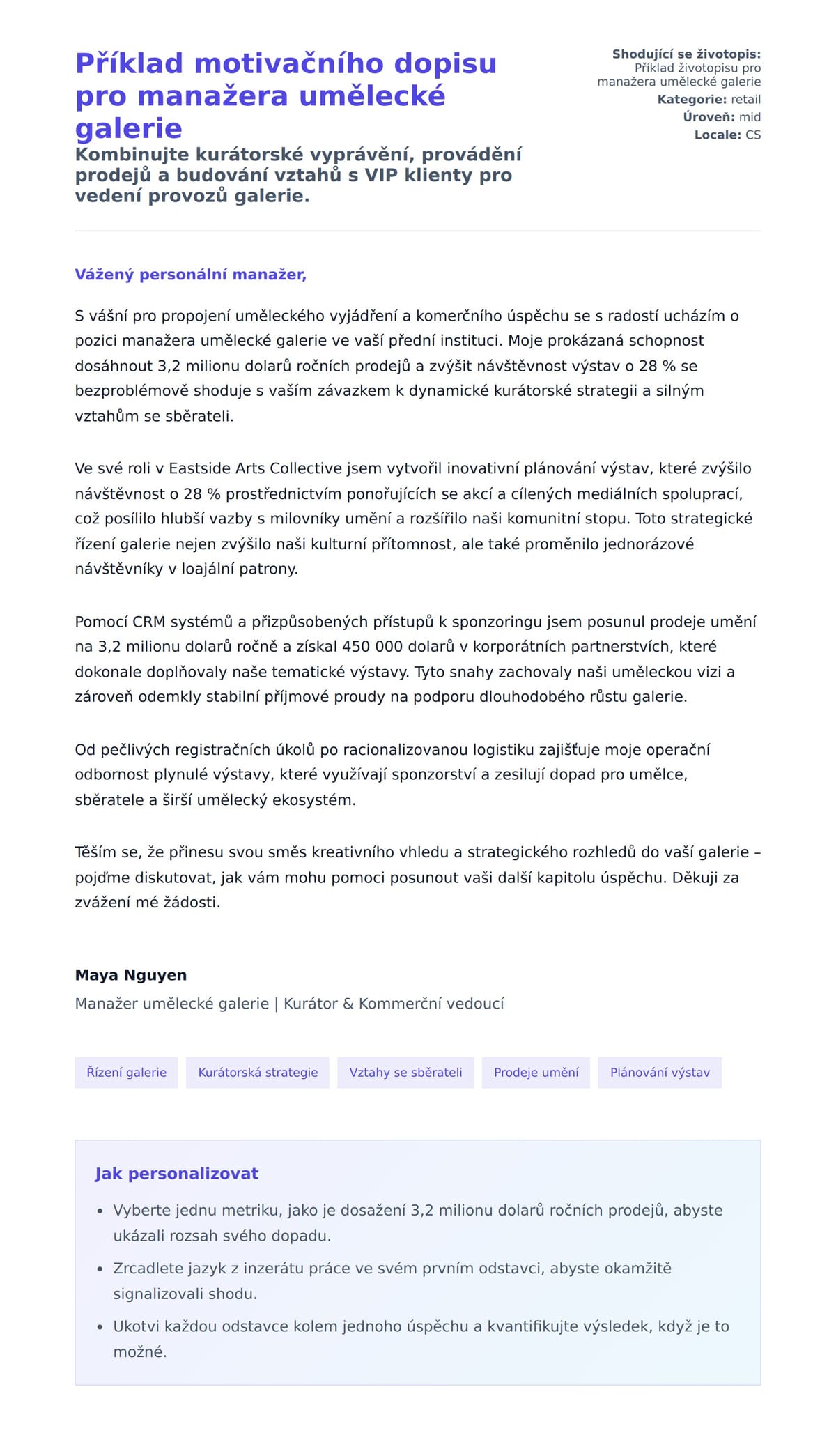 Náhled motivačního dopisu pro Příklad motivačního dopisu pro manažera umělecké galerie