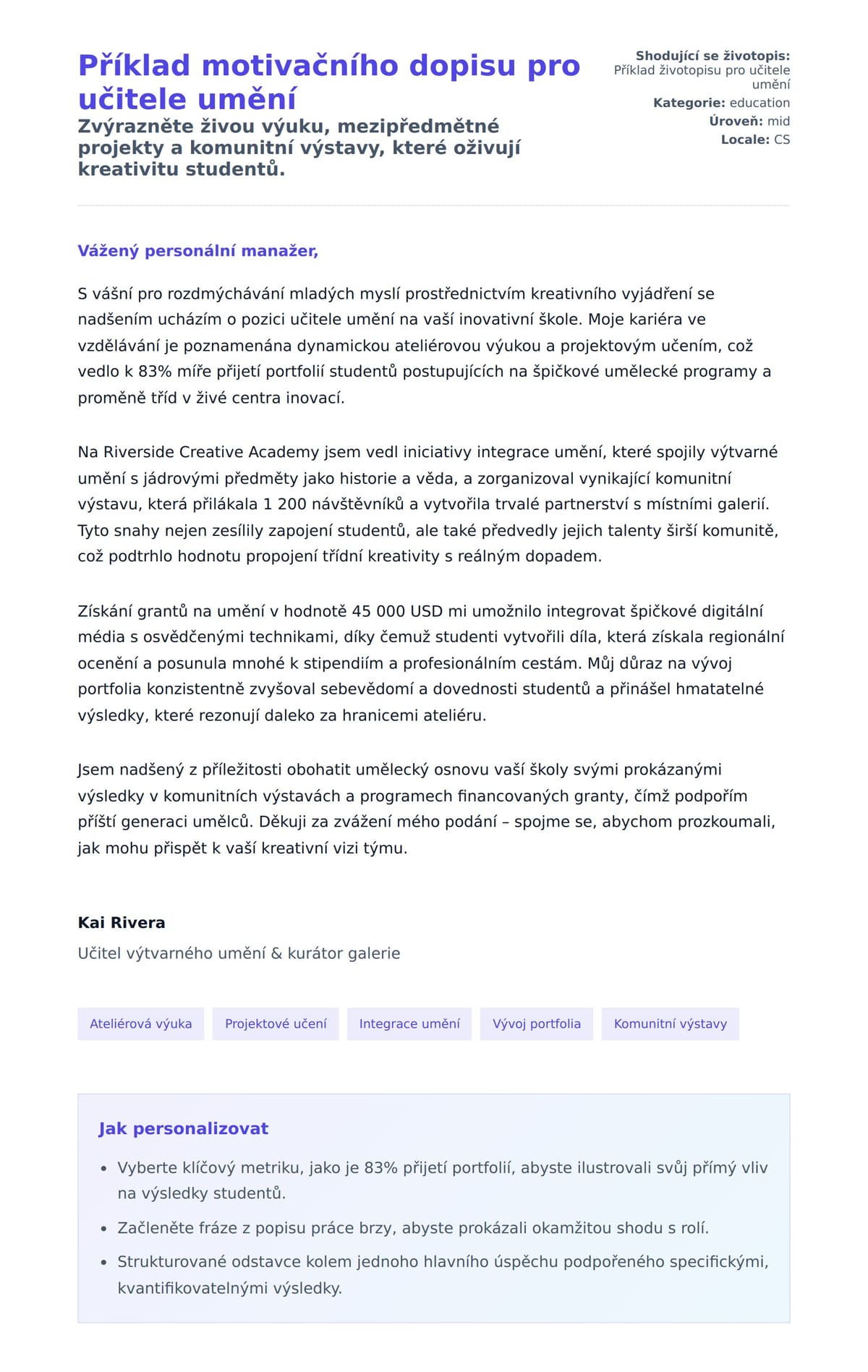 Náhled motivačního dopisu pro Příklad motivačního dopisu pro učitele umění