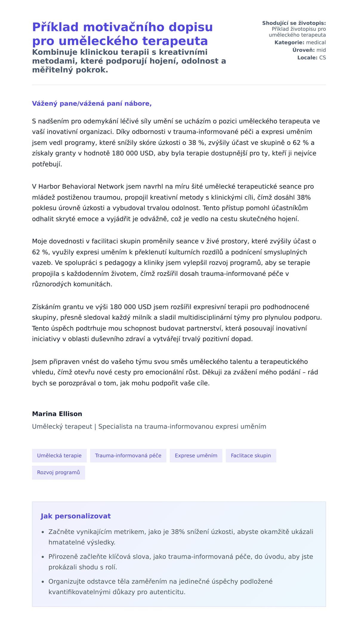 Náhled motivačního dopisu pro Příklad motivačního dopisu pro uměleckého terapeuta