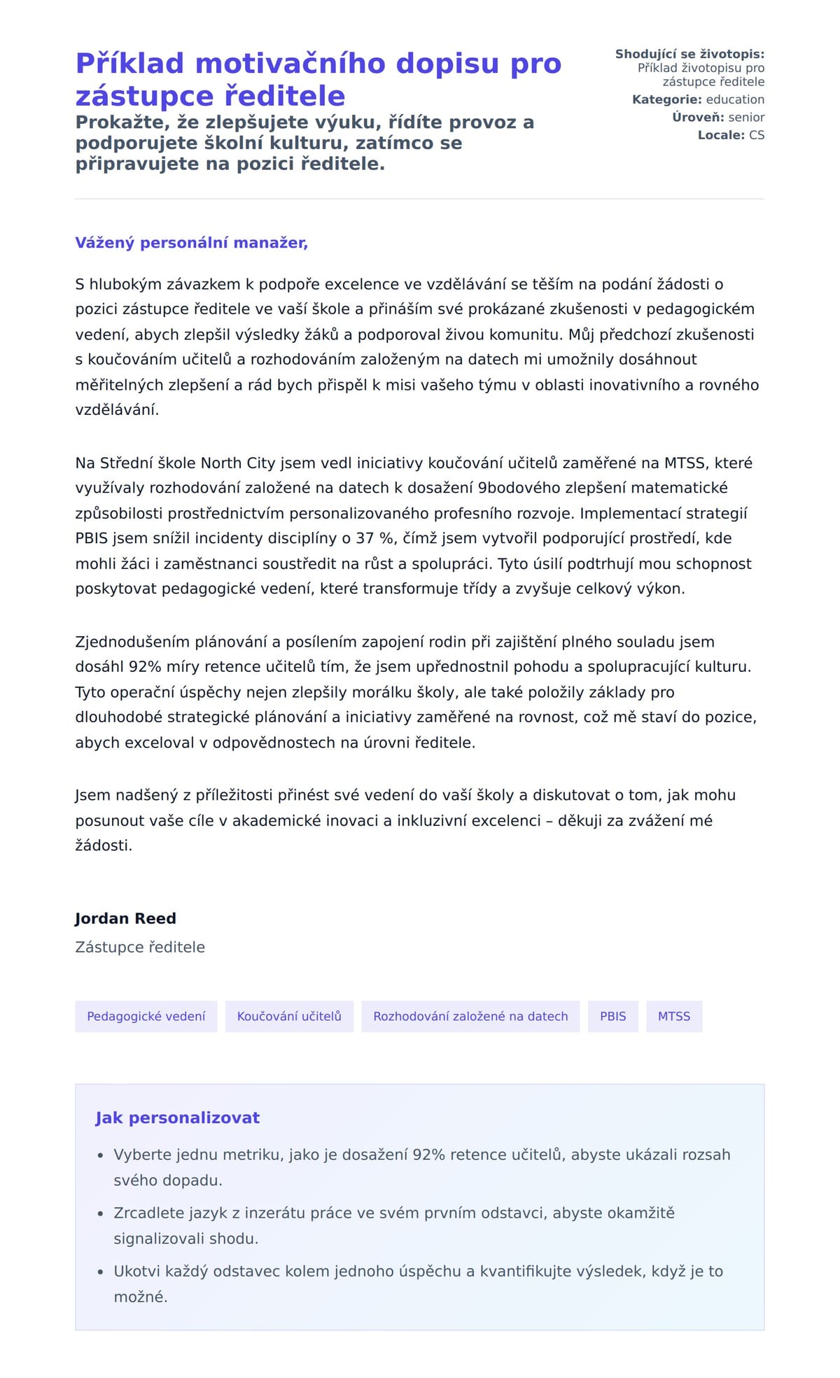 Náhled motivačního dopisu pro Příklad motivačního dopisu pro zástupce ředitele