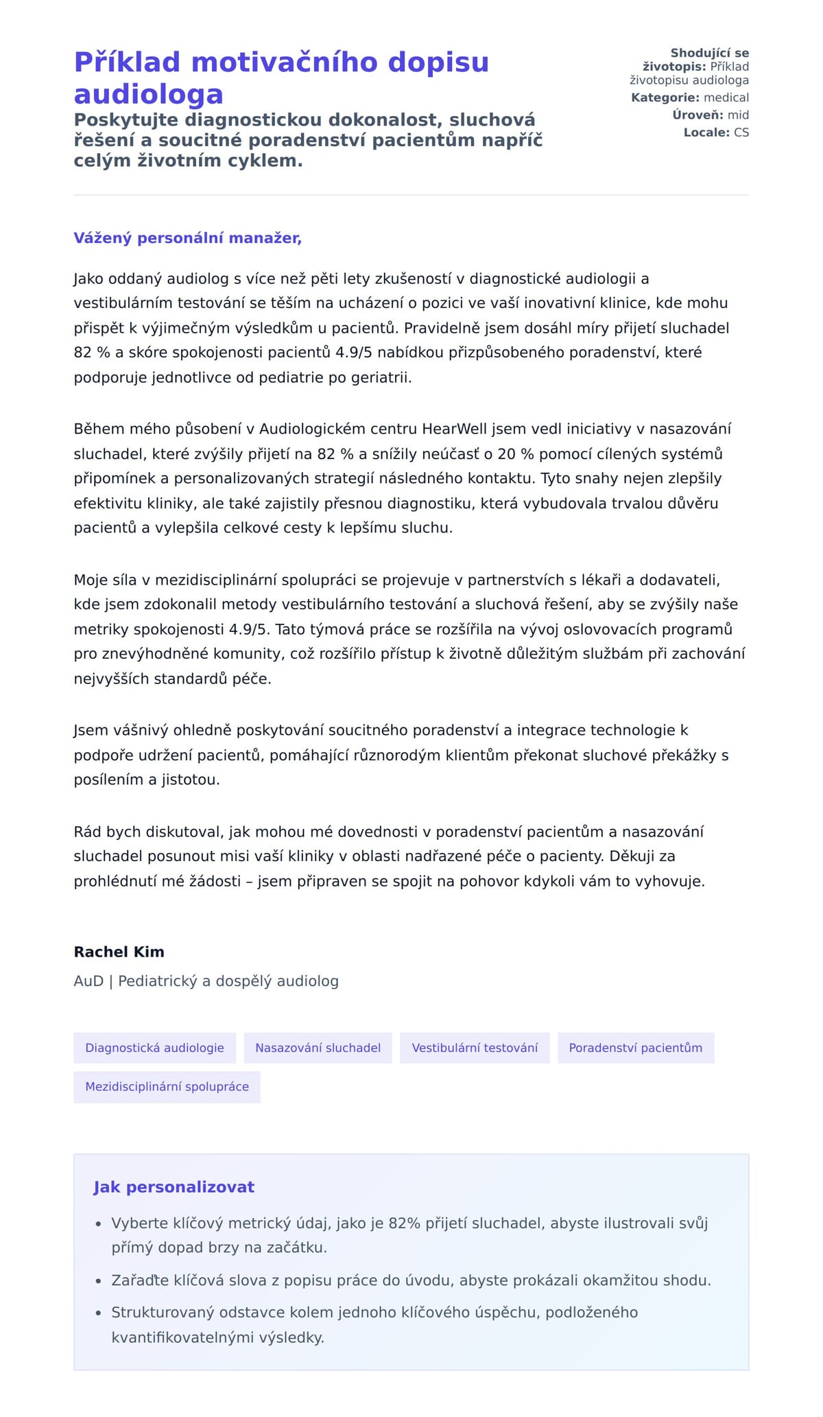 Náhled motivačního dopisu pro Příklad motivačního dopisu audiologa