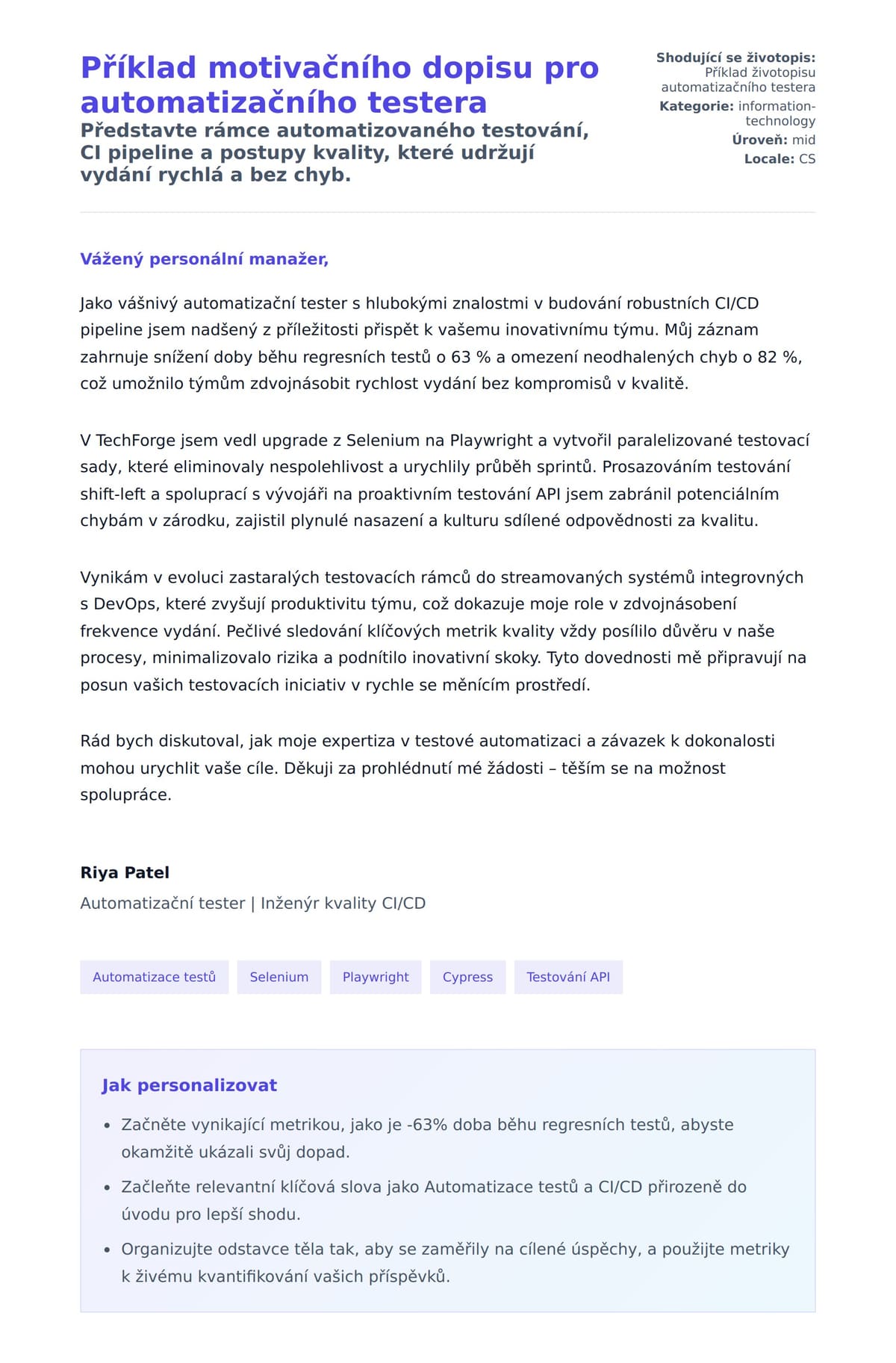 Náhled motivačního dopisu pro Příklad motivačního dopisu pro automatizačního testera