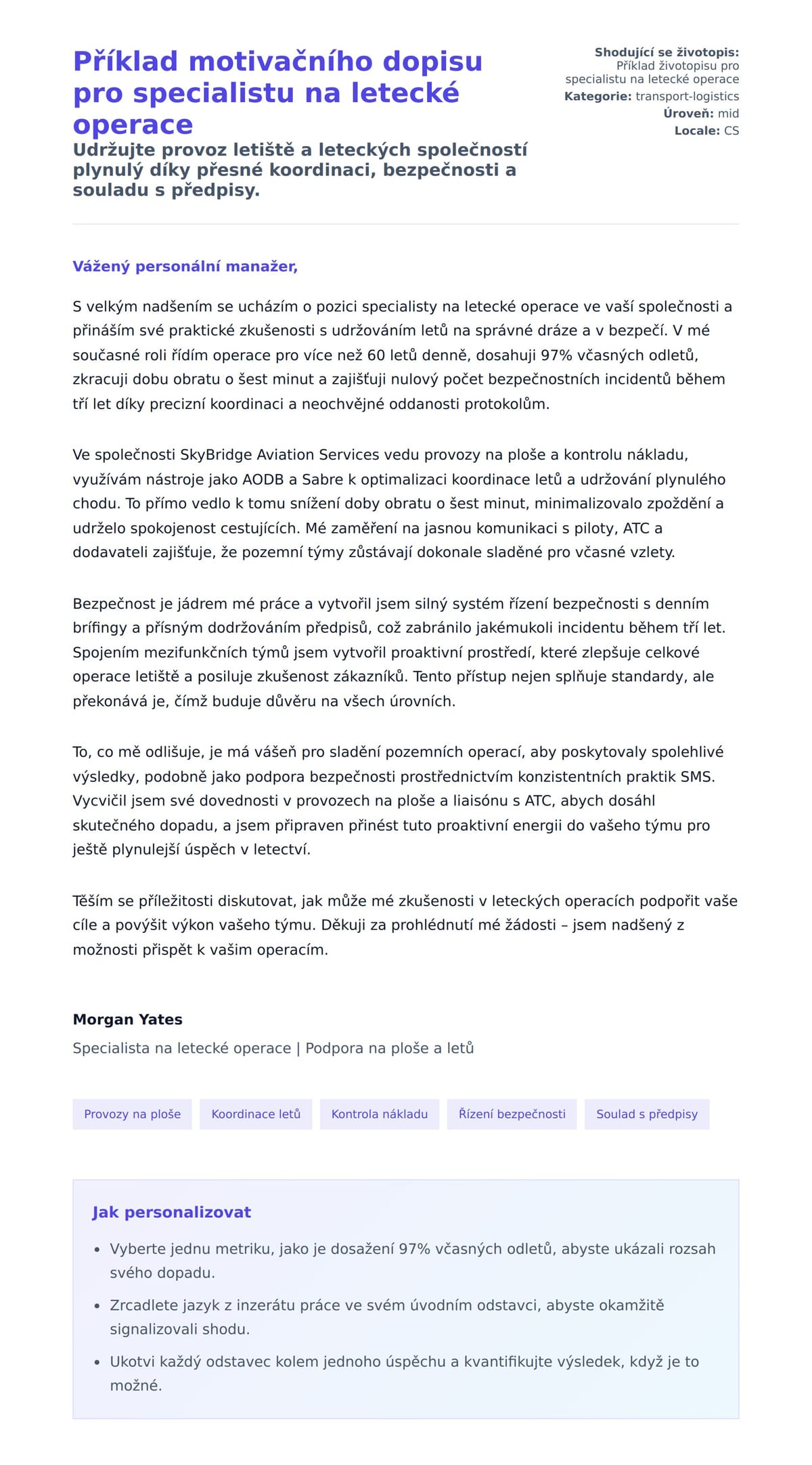 Náhled motivačního dopisu pro Příklad motivačního dopisu pro specialistu na letecké operace