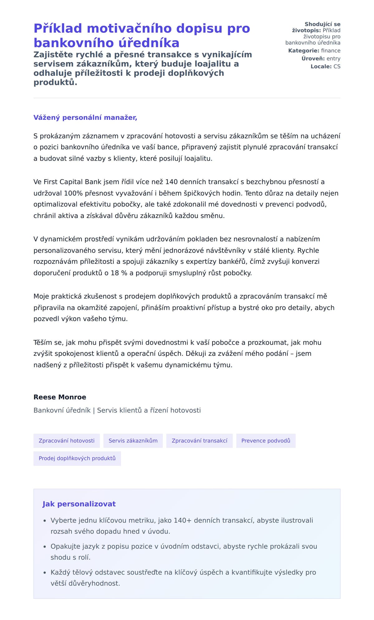 Náhled motivačního dopisu pro Příklad motivačního dopisu pro bankovního úředníka