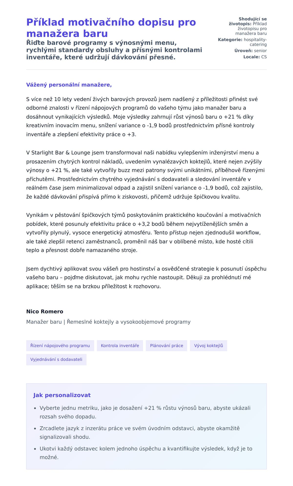 Náhled motivačního dopisu pro Příklad motivačního dopisu pro manažera baru