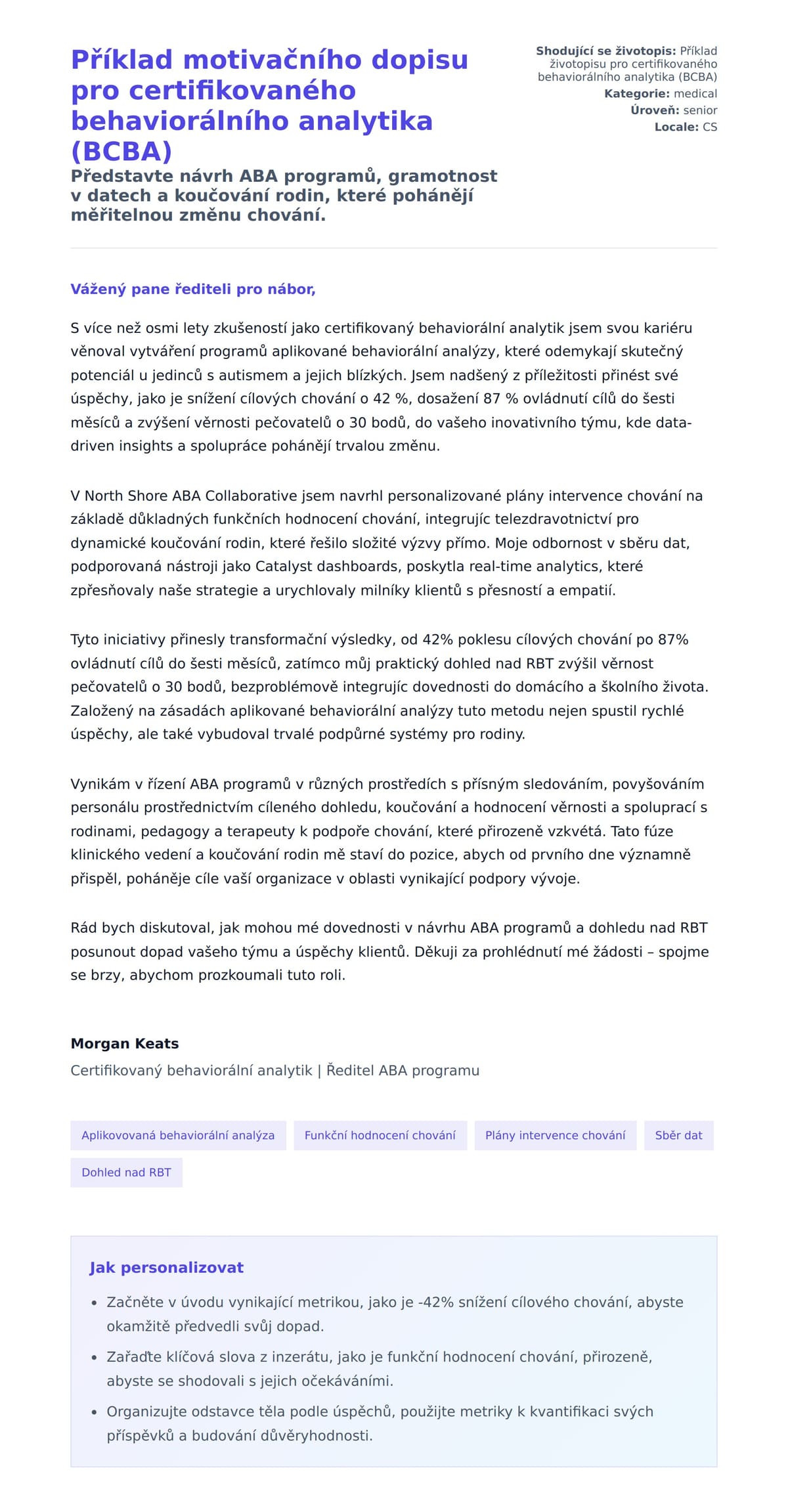 Náhled motivačního dopisu pro Příklad motivačního dopisu pro certifikovaného behaviorálního analytika (BCBA)