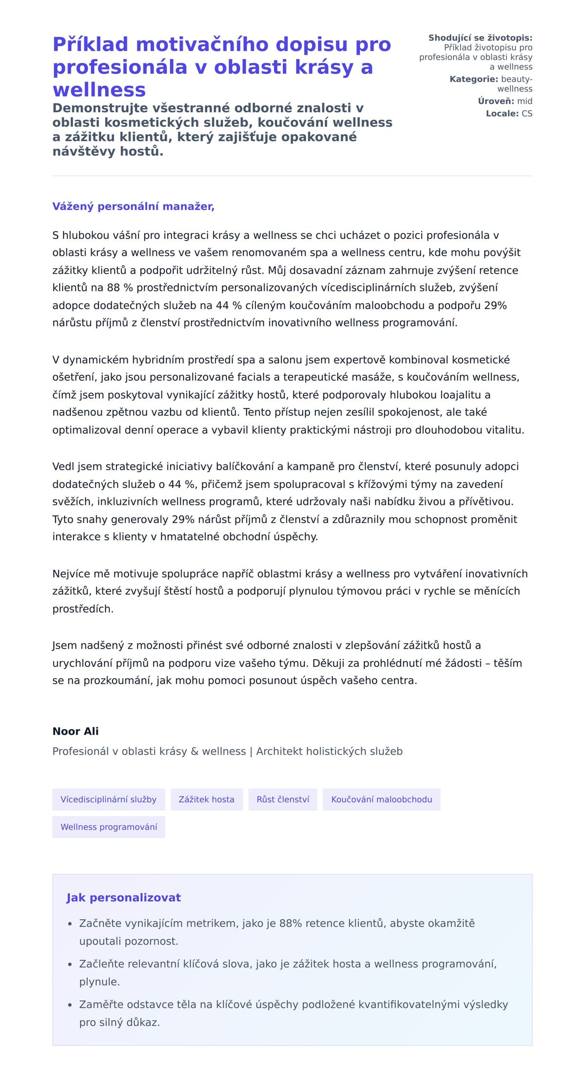 Příklad motivačního dopisu pro profesionála v oblasti krásy a wellness