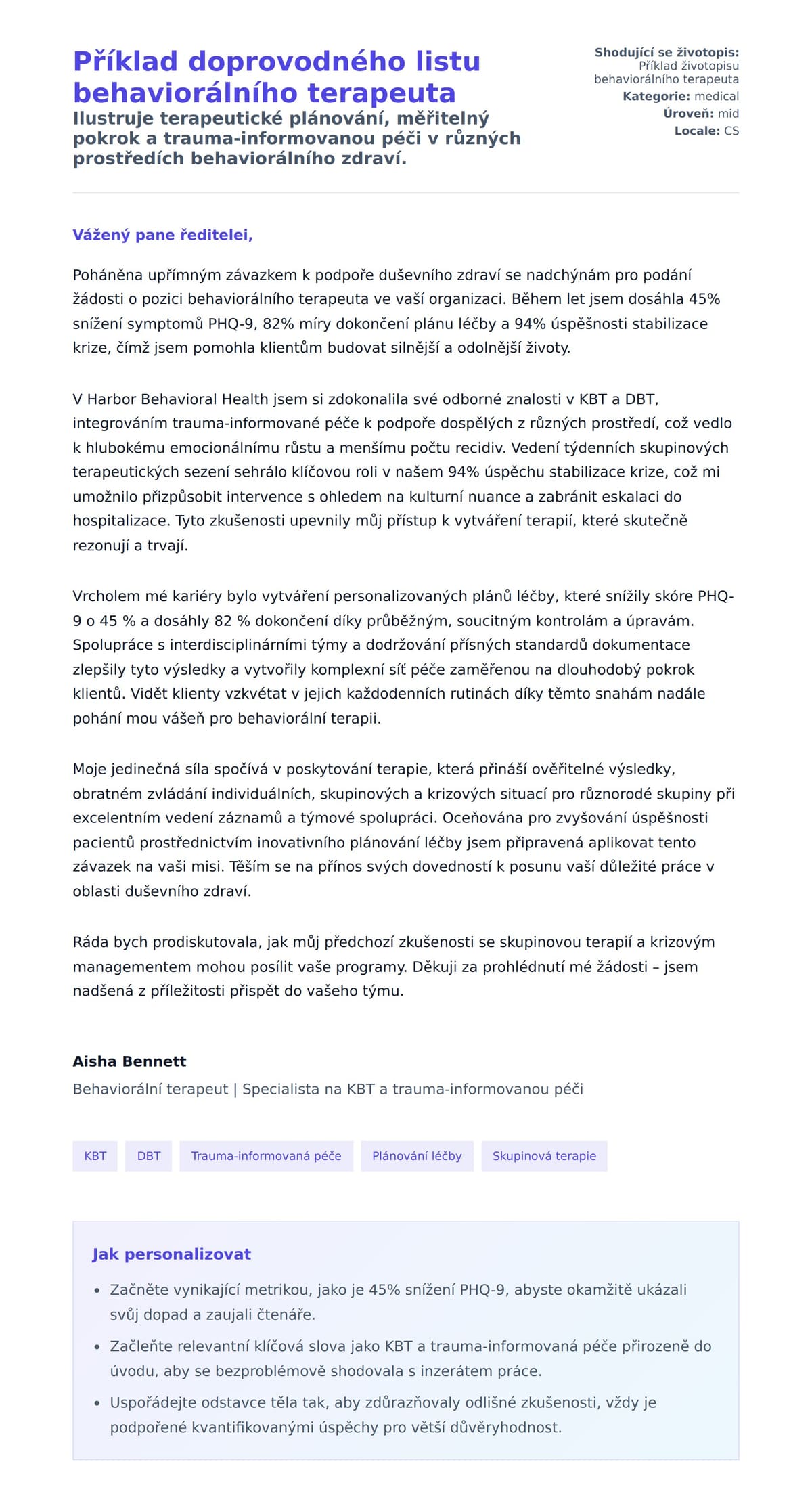 Náhled motivačního dopisu pro Příklad doprovodného listu behaviorálního terapeuta