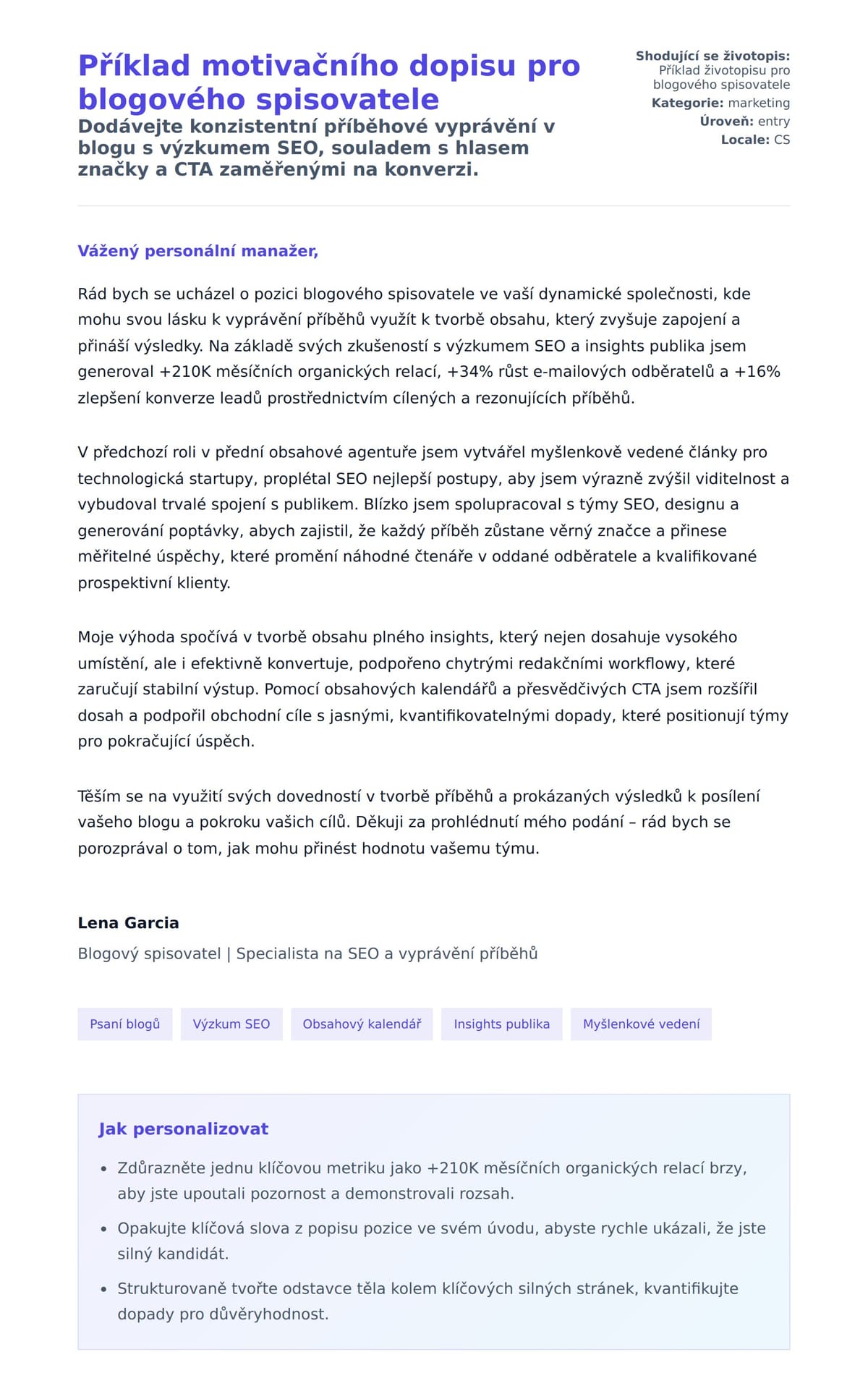 Náhled motivačního dopisu pro Příklad motivačního dopisu pro blogového spisovatele