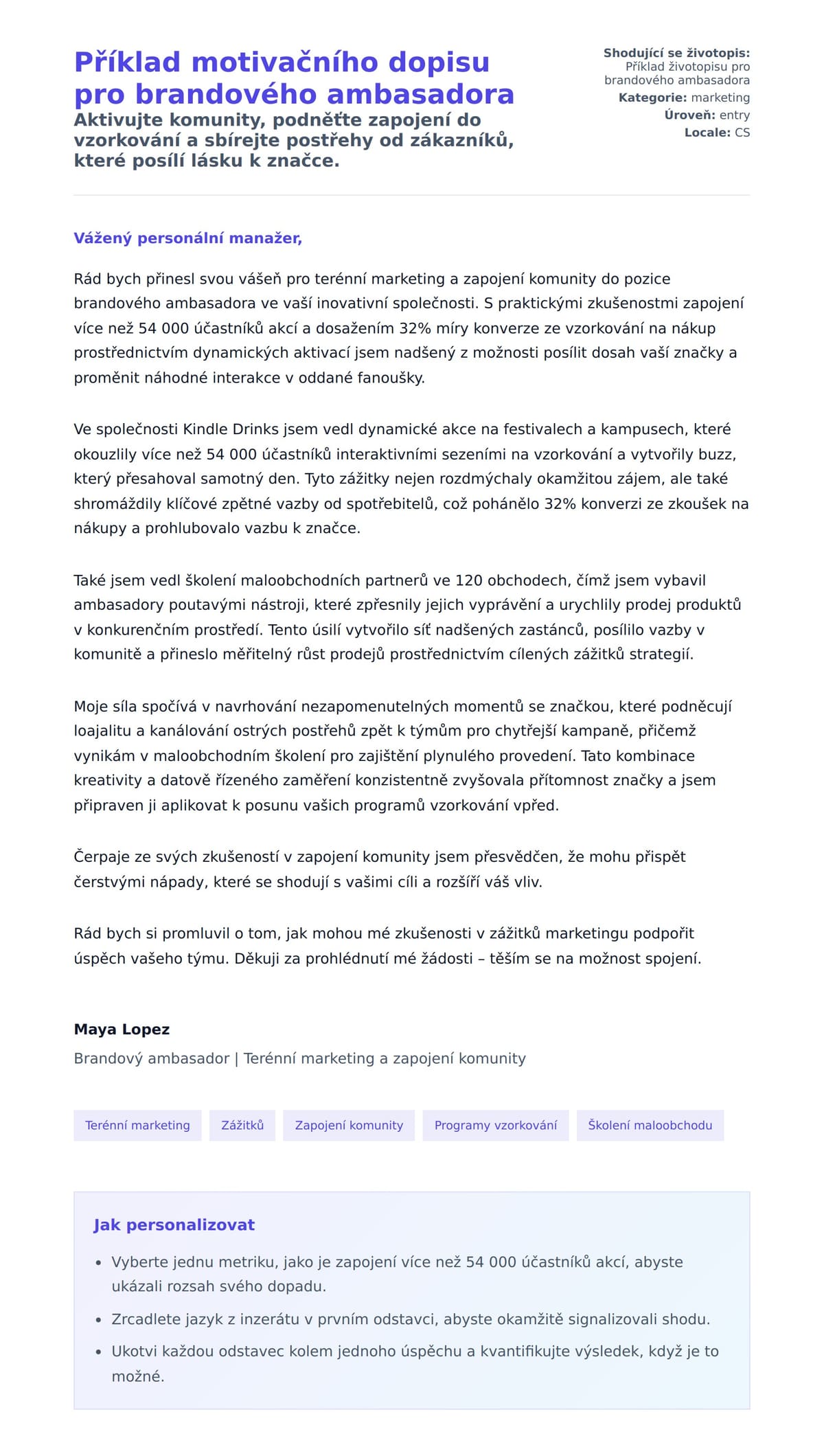 Náhled motivačního dopisu pro Příklad motivačního dopisu pro brandového ambasadora