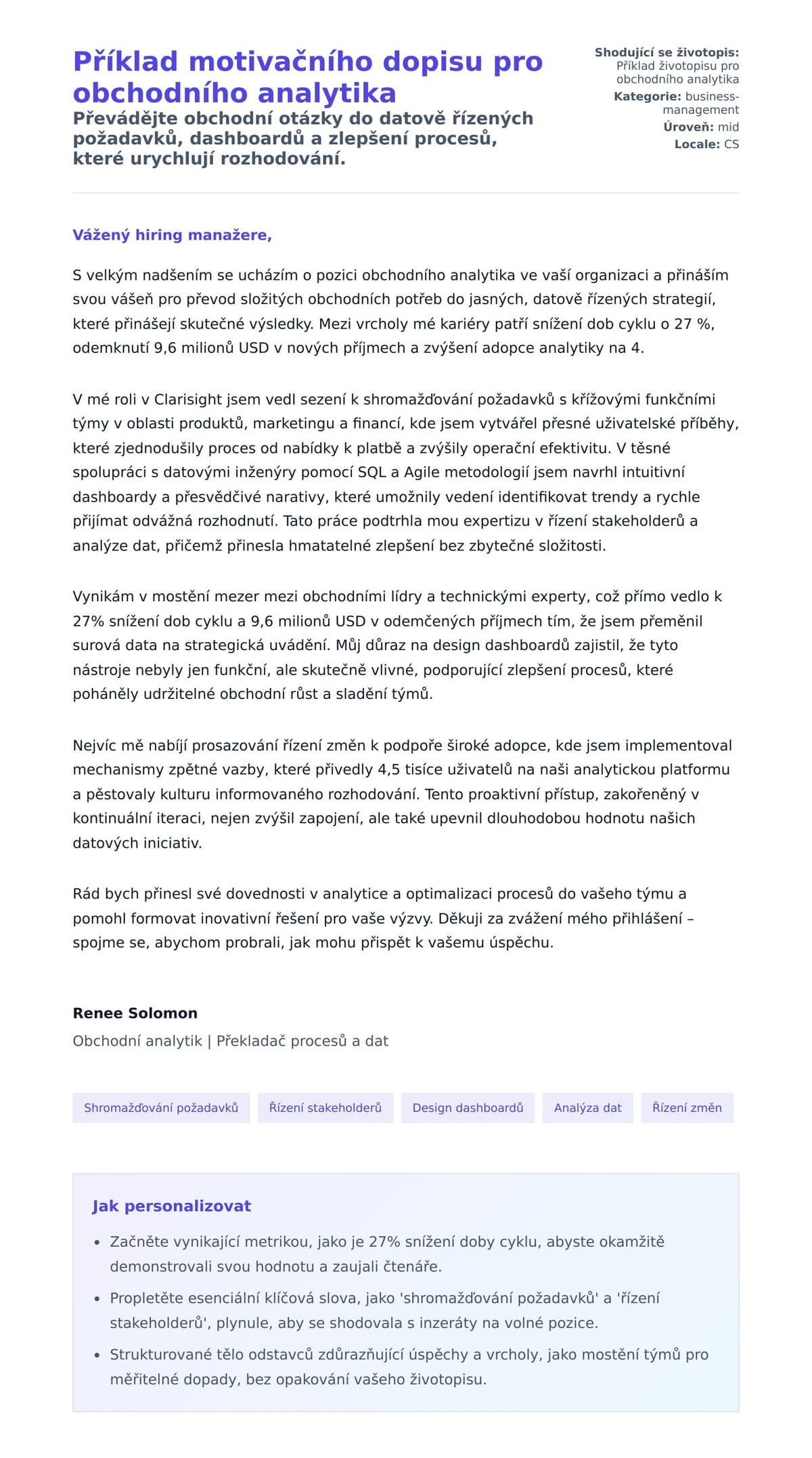 Náhled motivačního dopisu pro Příklad motivačního dopisu pro obchodního analytika