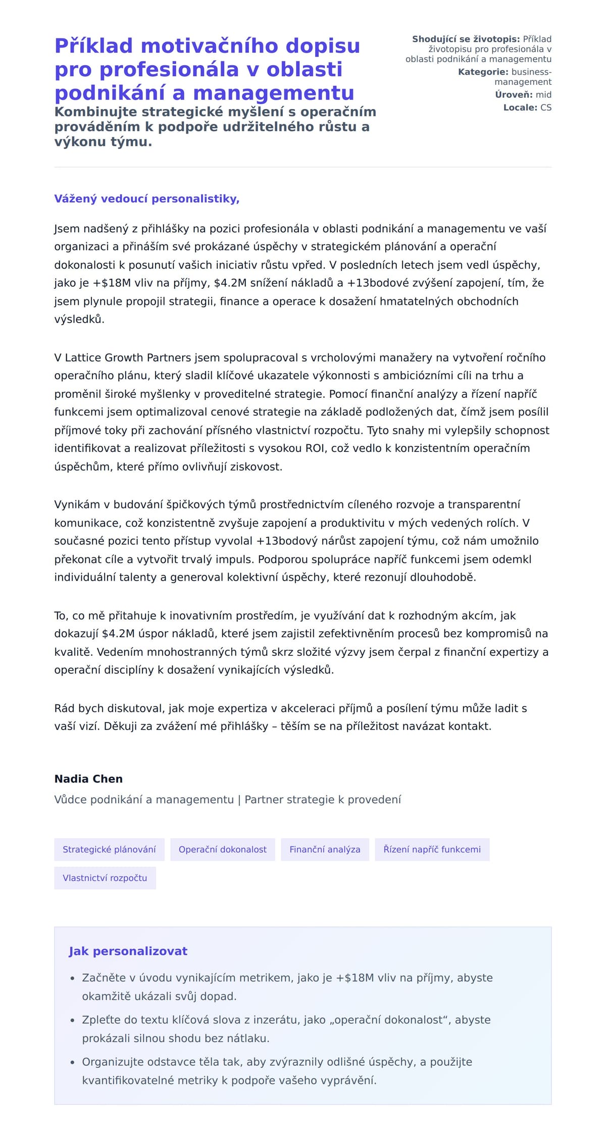 Náhled motivačního dopisu pro Příklad motivačního dopisu pro profesionála v oblasti podnikání a managementu