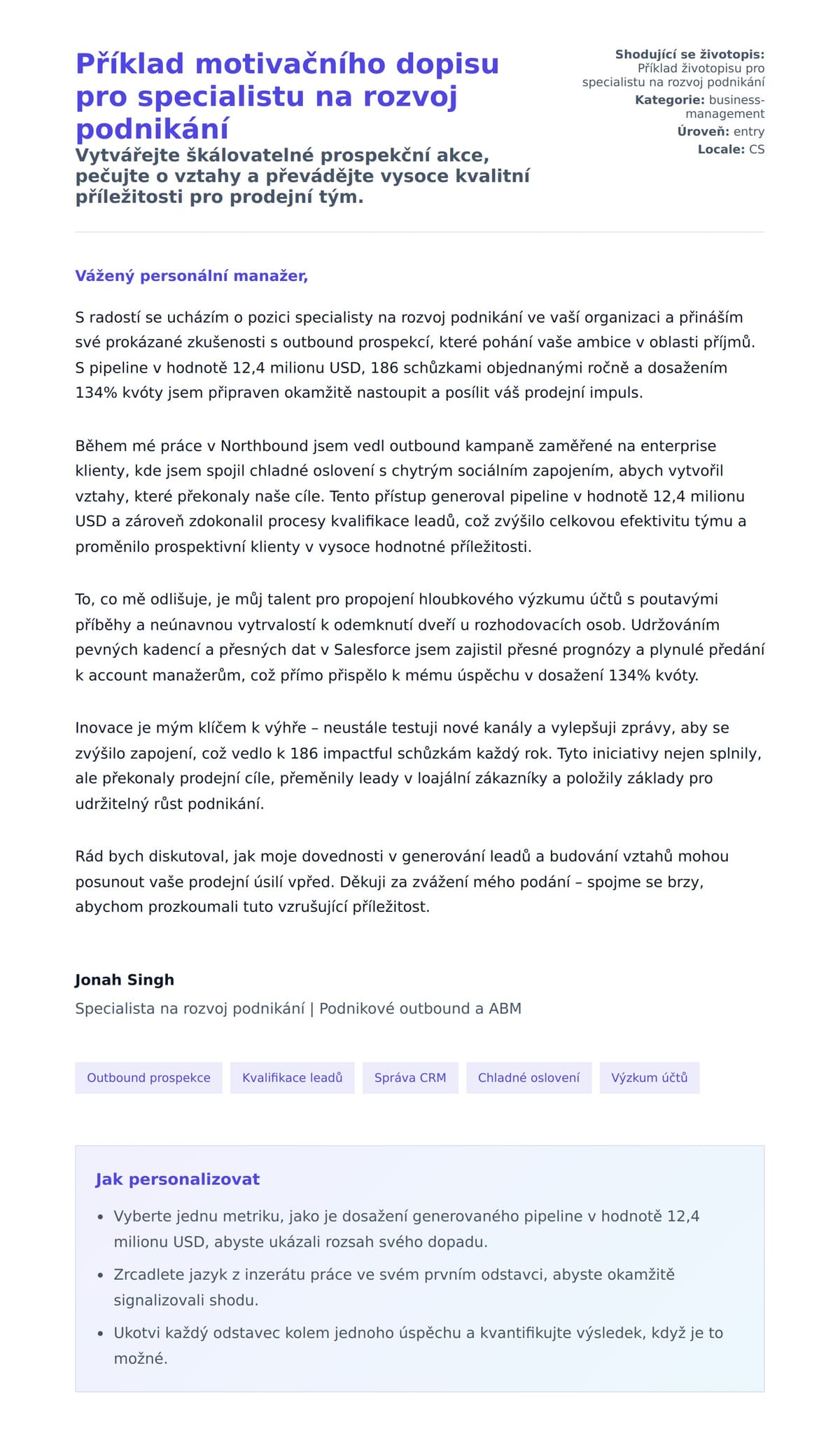 Náhled motivačního dopisu pro Příklad motivačního dopisu pro specialistu na rozvoj podnikání