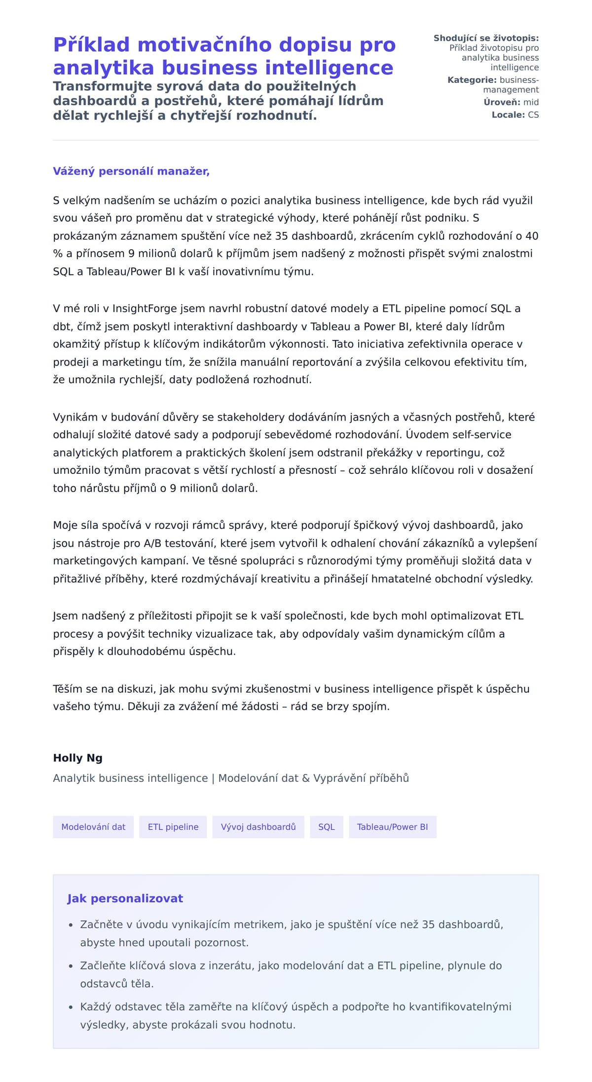 Náhled motivačního dopisu pro Příklad motivačního dopisu pro analytika business intelligence