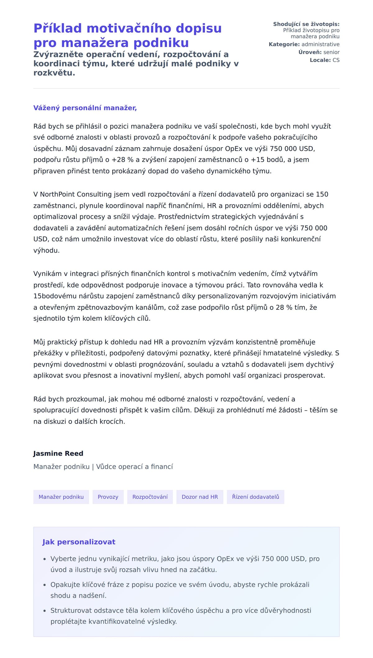 Náhled motivačního dopisu pro Příklad motivačního dopisu pro manažera podniku