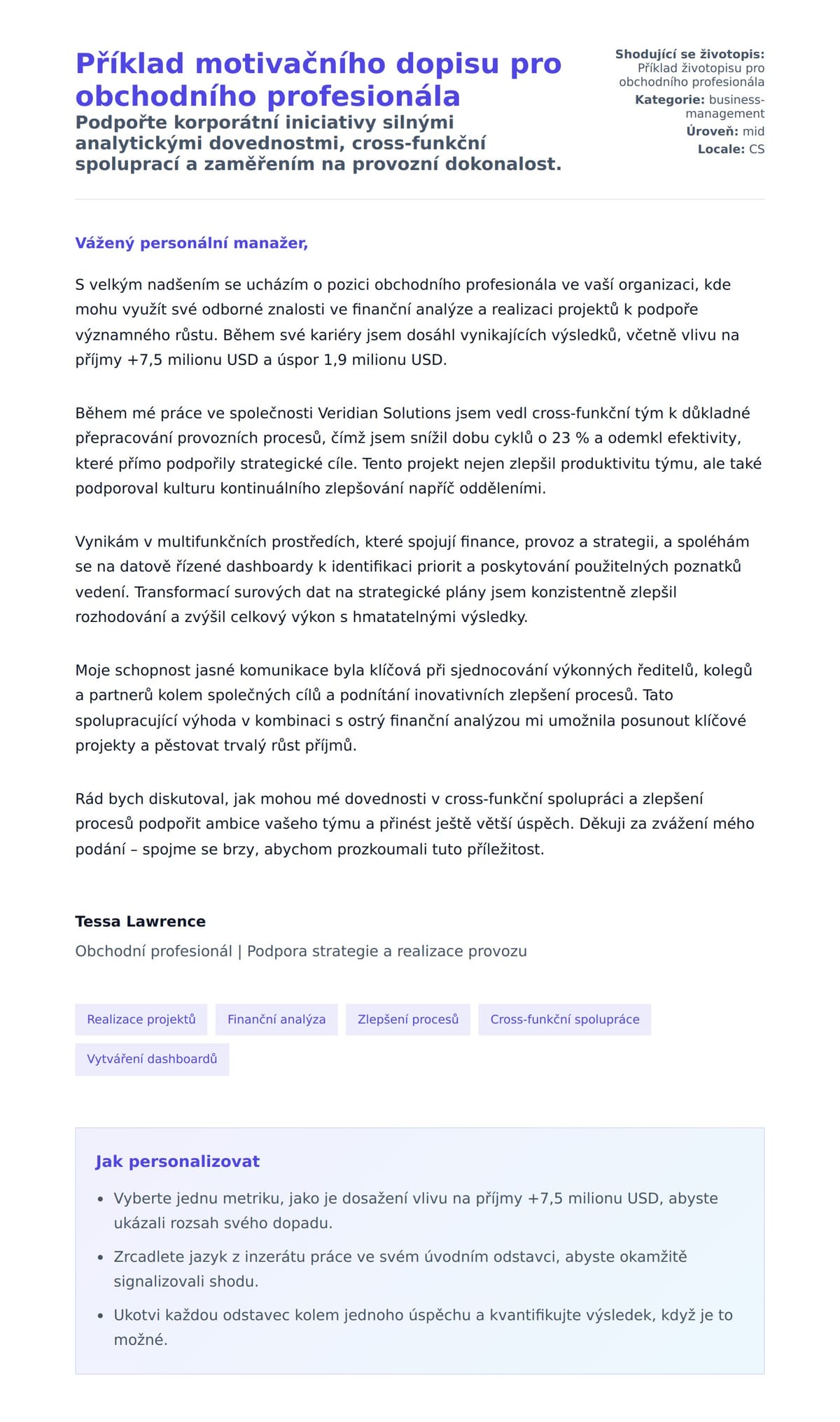 Náhled motivačního dopisu pro Příklad motivačního dopisu pro obchodního profesionála