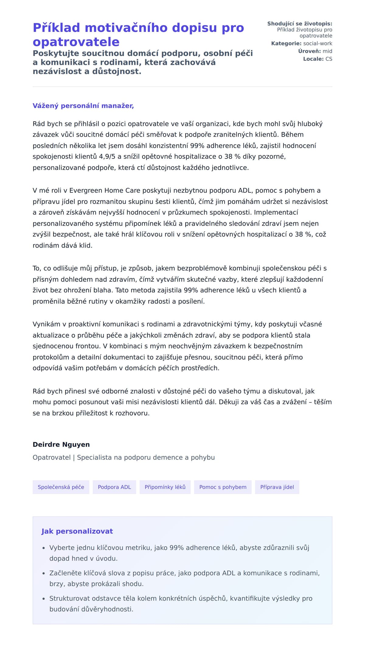 Náhled motivačního dopisu pro Příklad motivačního dopisu pro opatrovatele
