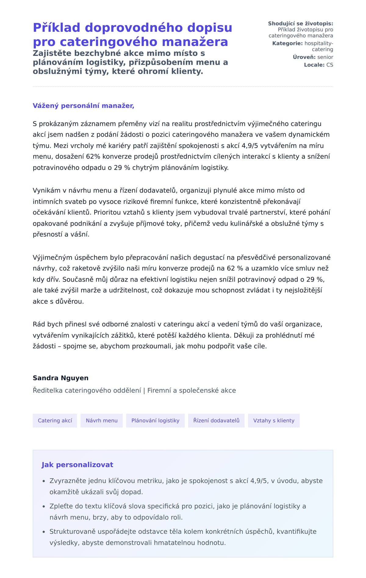 Náhled motivačního dopisu pro Příklad doprovodného dopisu pro cateringového manažera