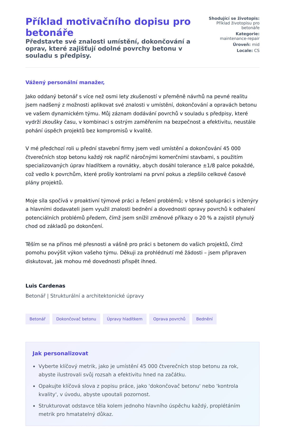 Náhled motivačního dopisu pro Příklad motivačního dopisu pro betonáře