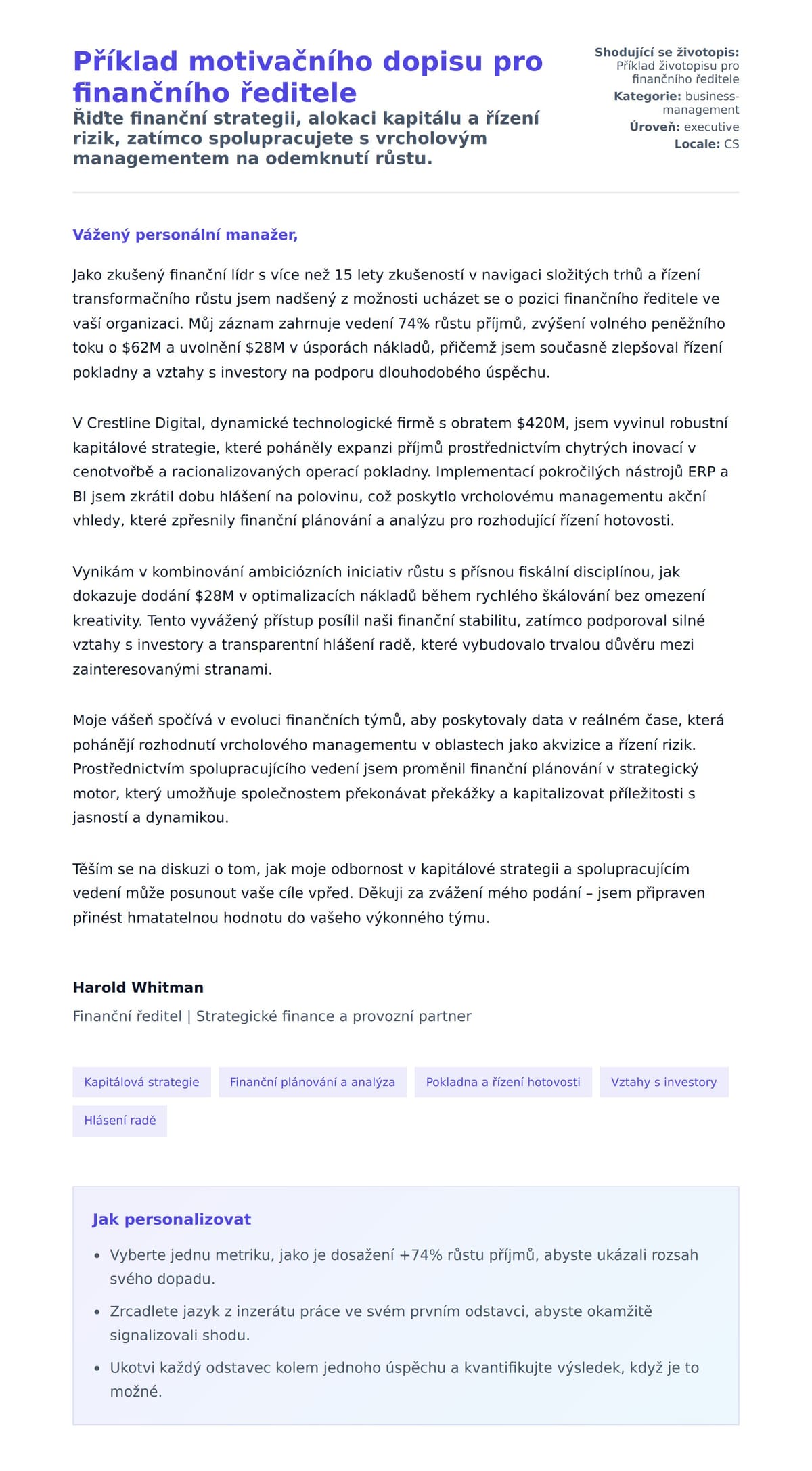 Náhled motivačního dopisu pro Příklad motivačního dopisu pro finančního ředitele