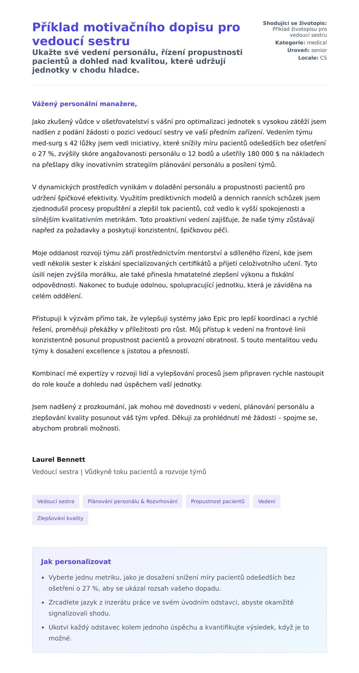 Náhled motivačního dopisu pro Příklad motivačního dopisu pro vedoucí sestru