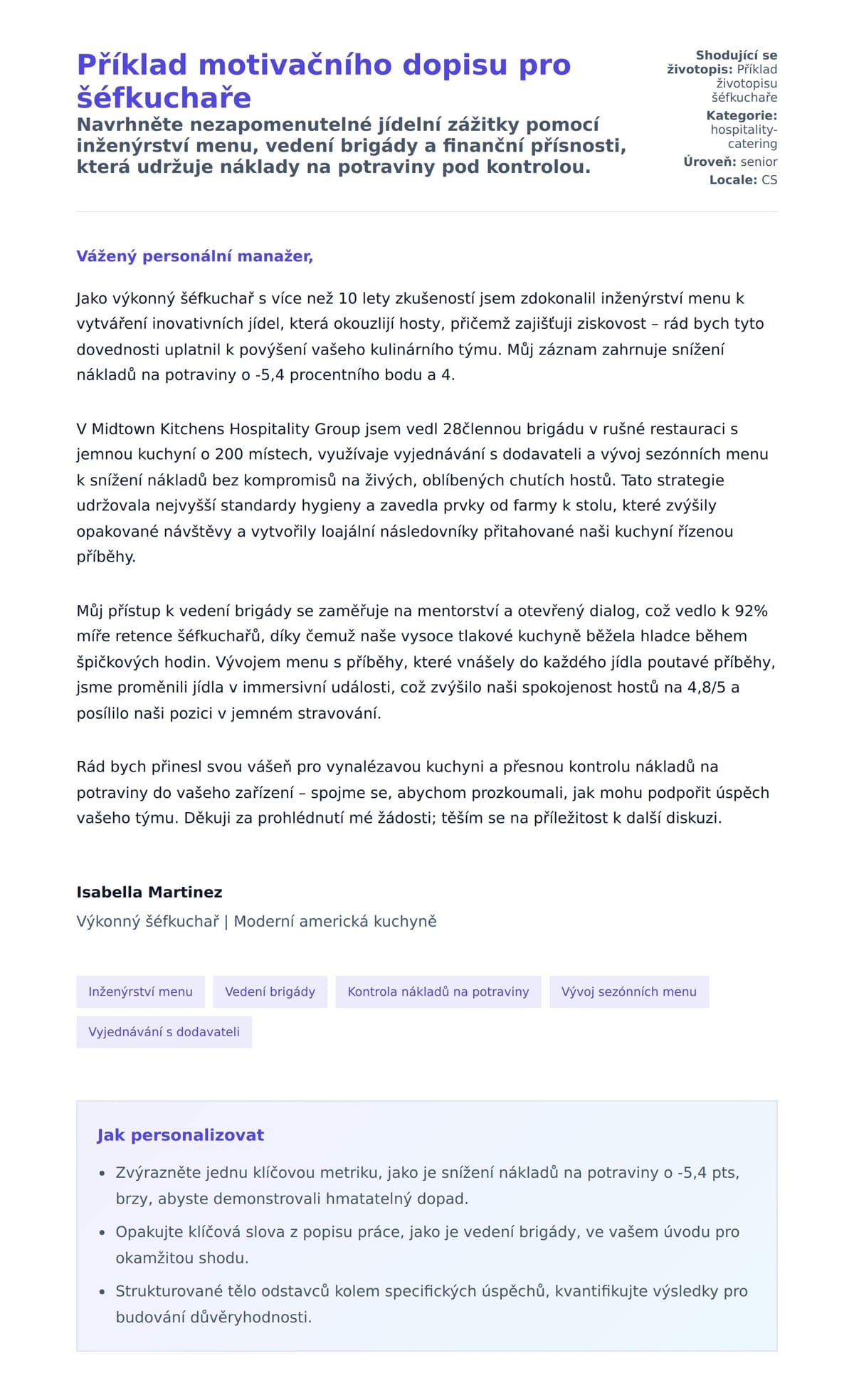 Náhled motivačního dopisu pro Příklad motivačního dopisu pro šéfkuchaře