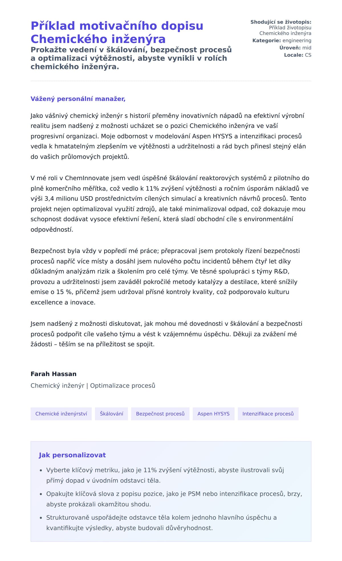 Náhled motivačního dopisu pro Příklad motivačního dopisu Chemického inženýra