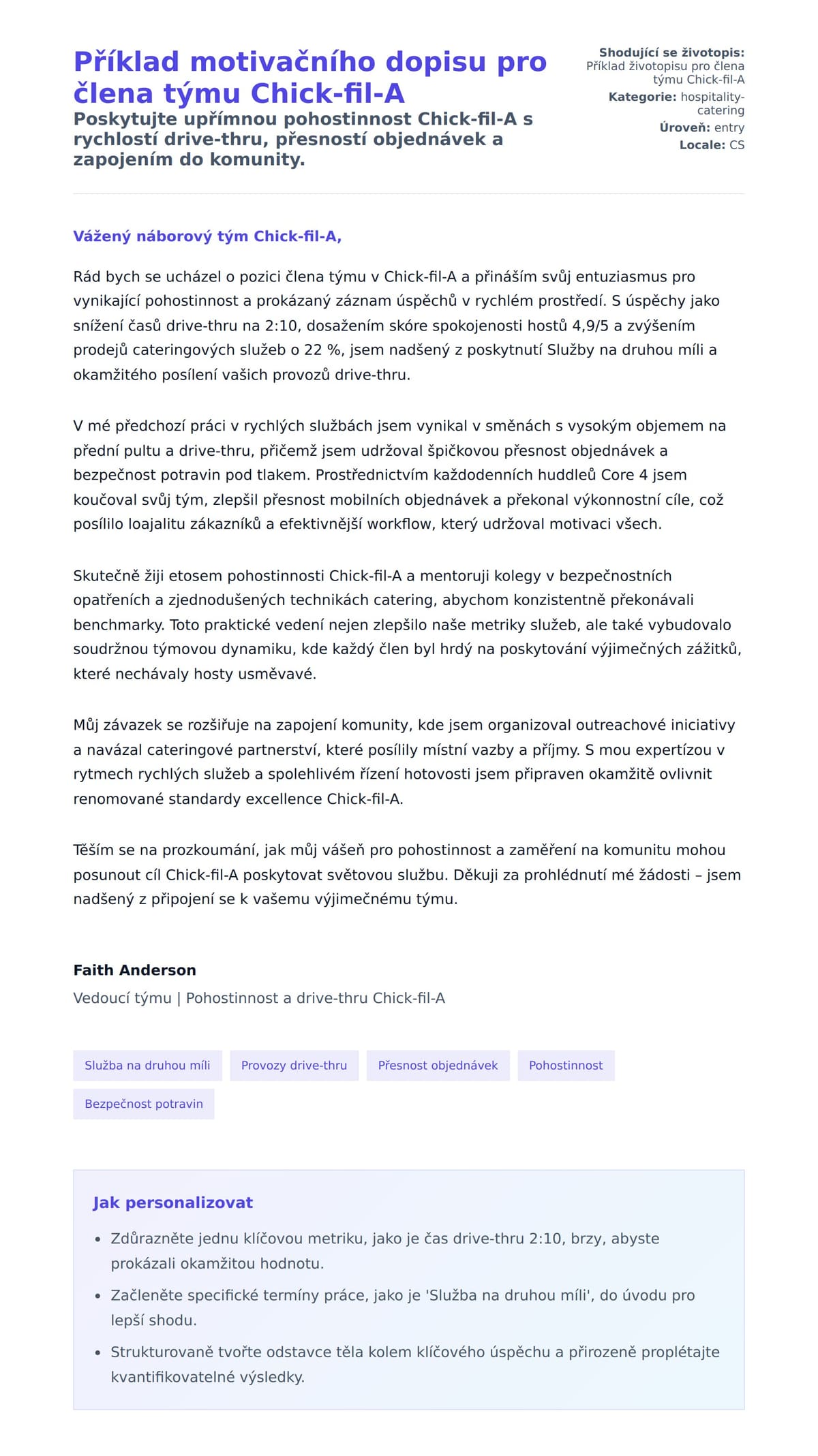 Náhled motivačního dopisu pro Příklad motivačního dopisu pro člena týmu Chick-fil-A