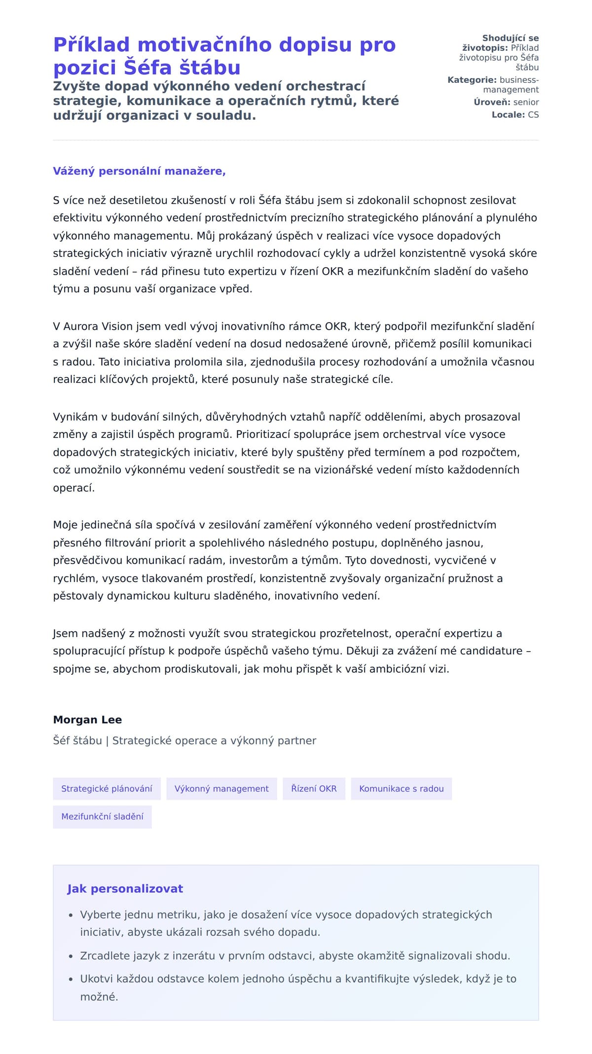 Náhled motivačního dopisu pro Příklad motivačního dopisu pro pozici Šéfa štábu