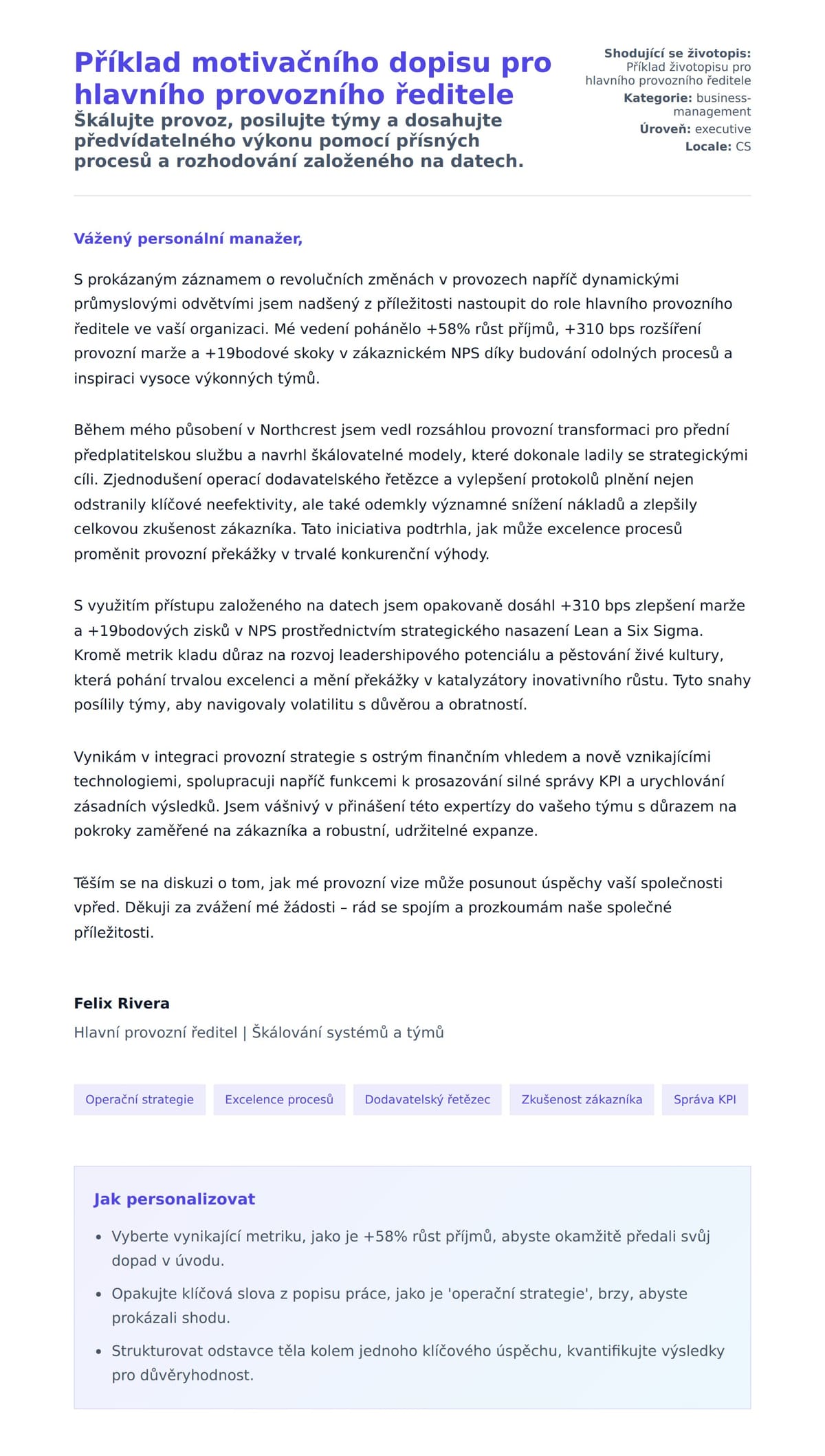 Náhled motivačního dopisu pro Příklad motivačního dopisu pro hlavního provozního ředitele