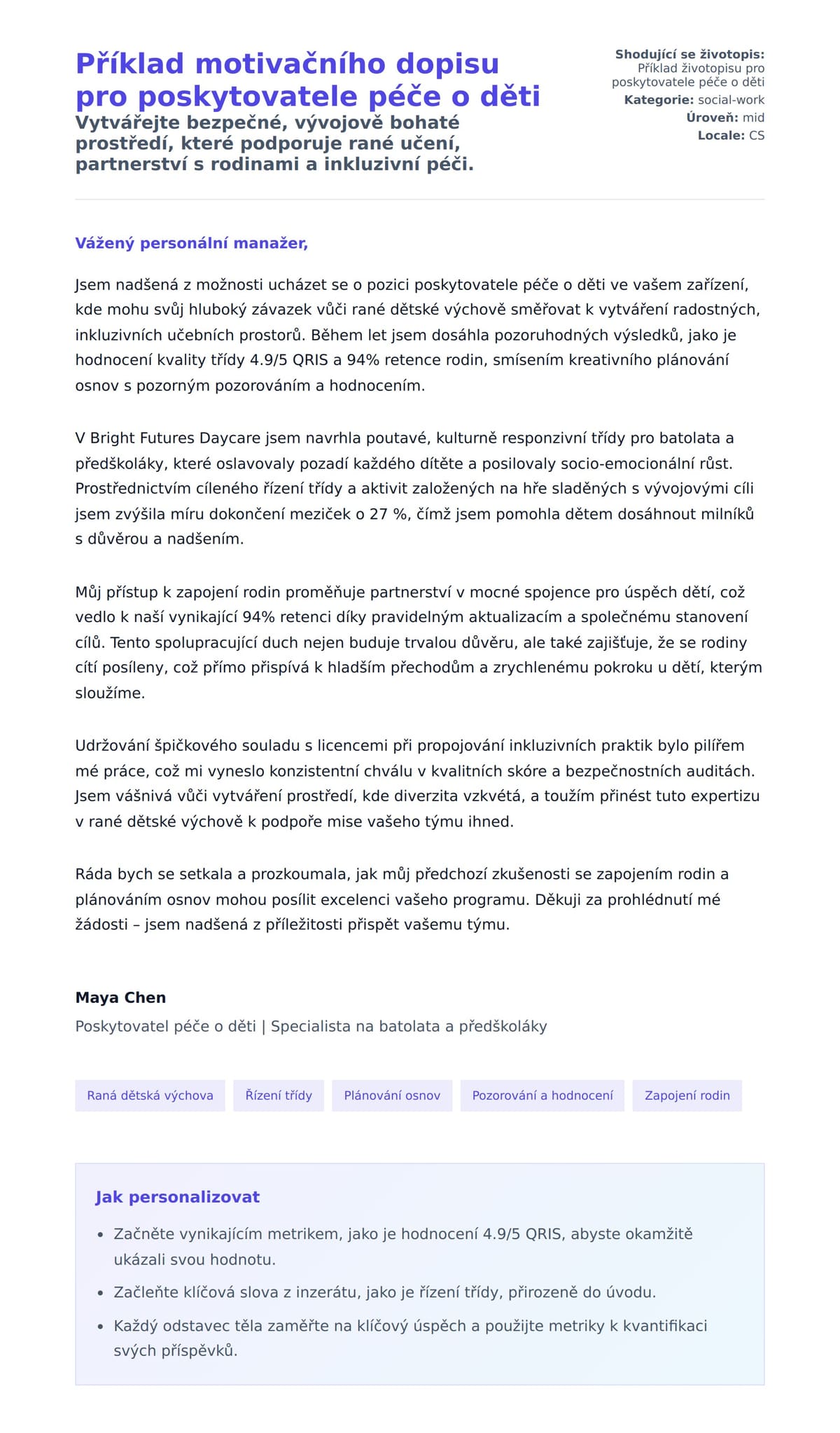 Náhled motivačního dopisu pro Příklad motivačního dopisu pro poskytovatele péče o děti