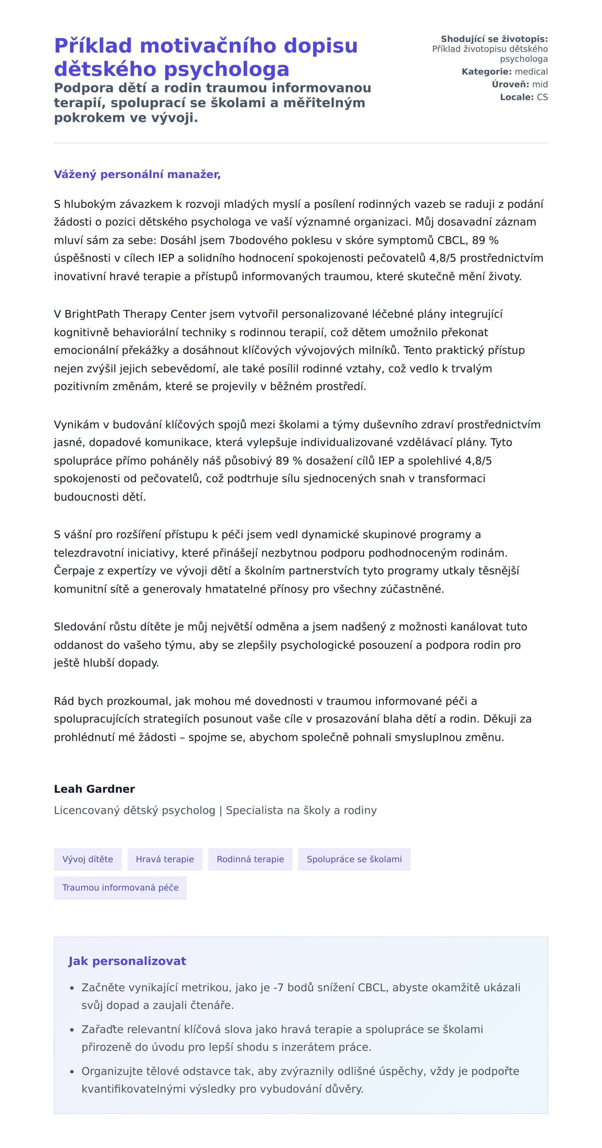 Náhled motivačního dopisu pro Příklad motivačního dopisu dětského psychologa
