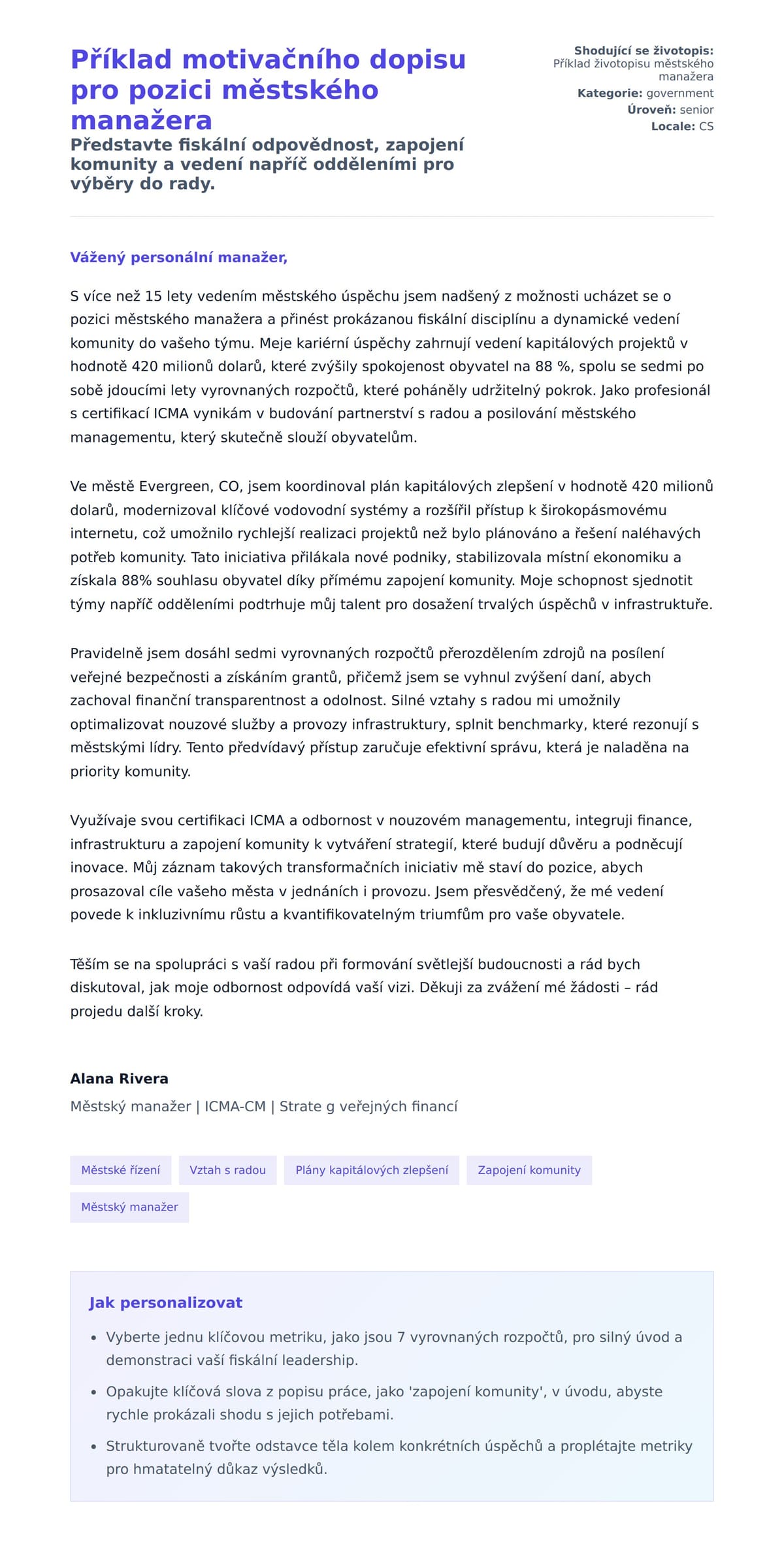 Náhled motivačního dopisu pro Příklad motivačního dopisu pro pozici městského manažera