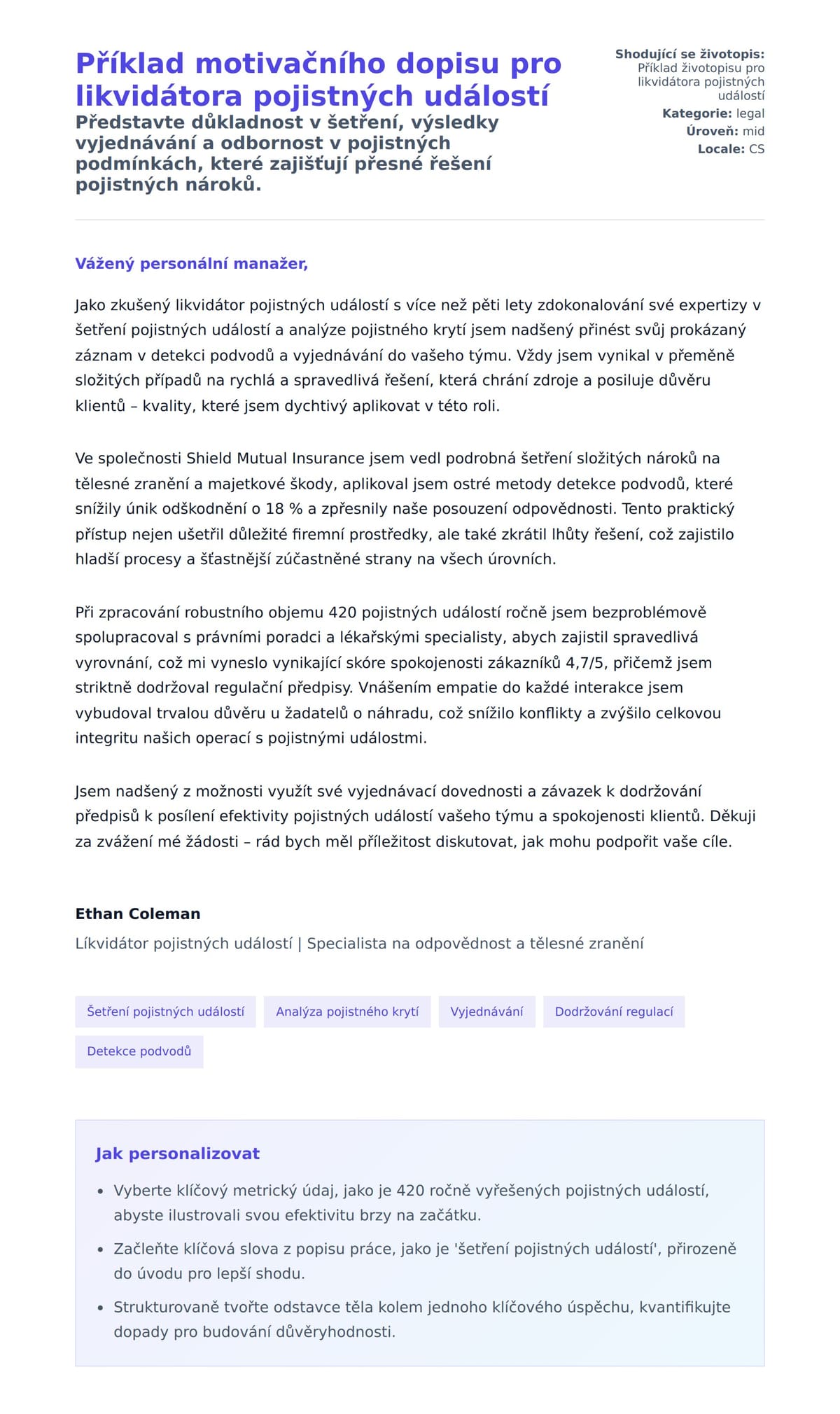 Náhled motivačního dopisu pro Příklad motivačního dopisu pro likvidátora pojistných událostí