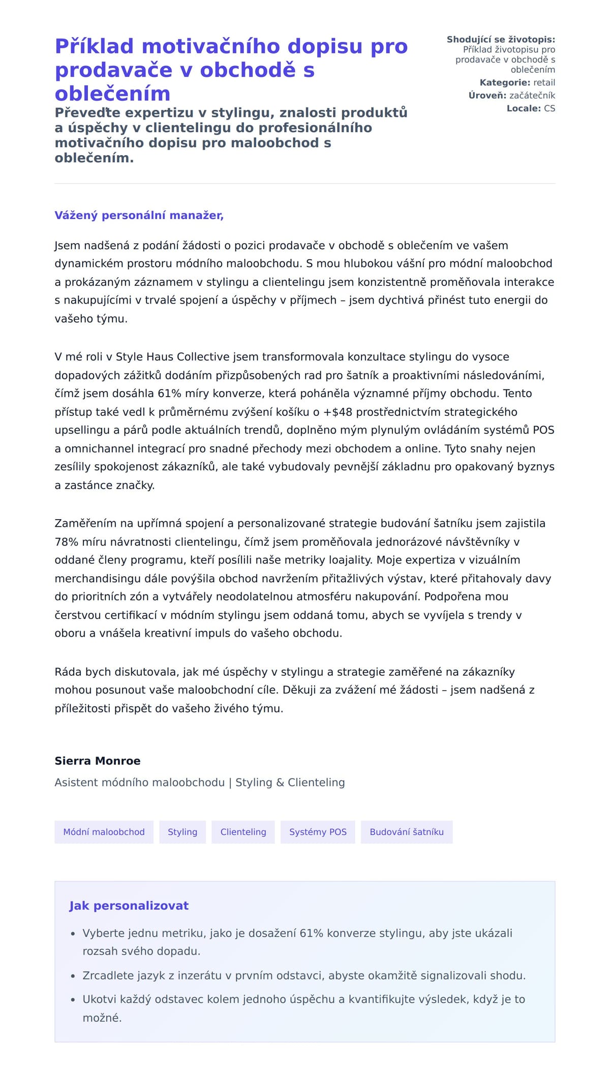 Náhled motivačního dopisu pro Příklad motivačního dopisu pro prodavače v obchodě s oblečením