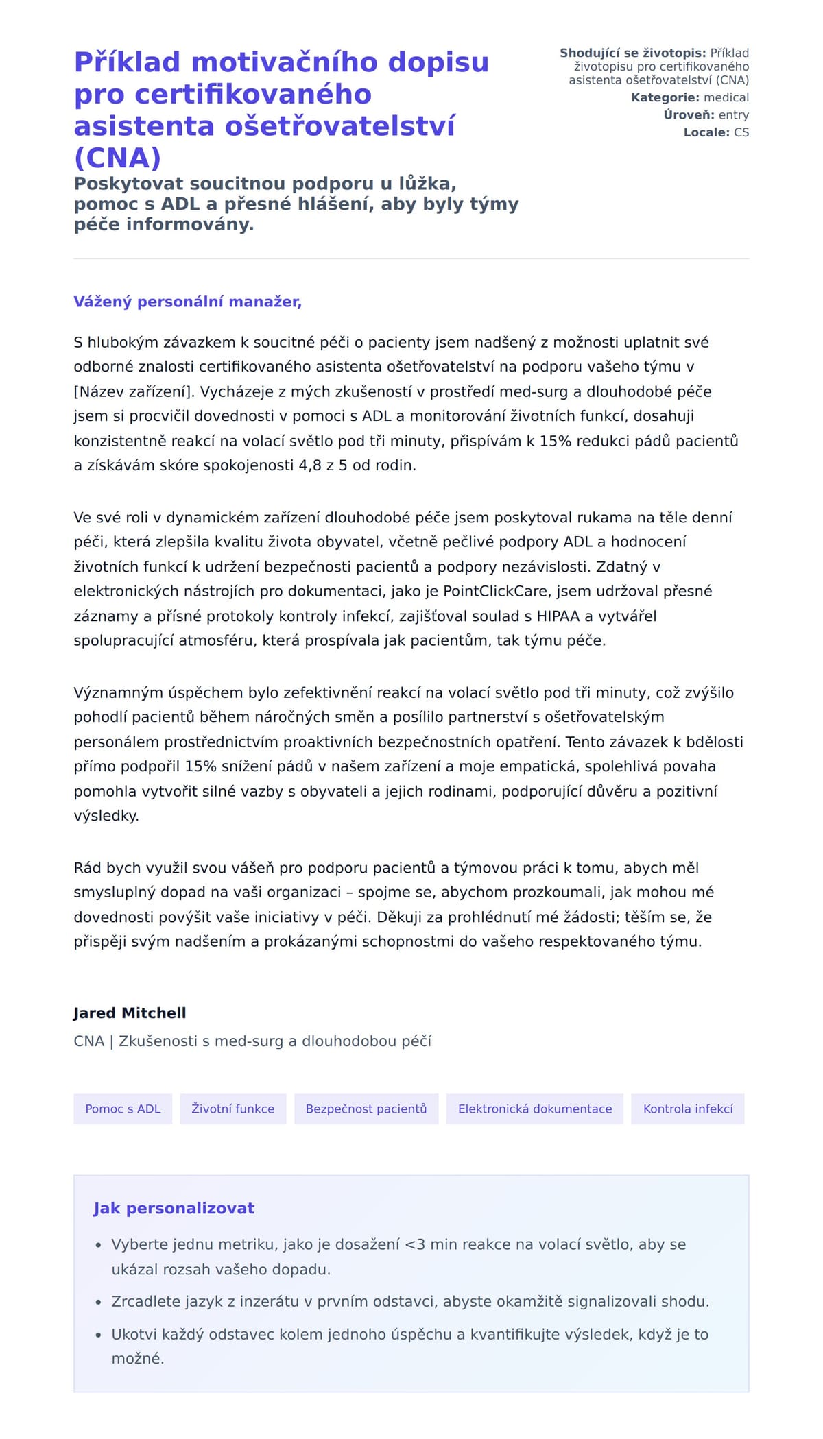 Náhled motivačního dopisu pro Příklad motivačního dopisu pro certifikovaného asistenta ošetřovatelství (CNA)