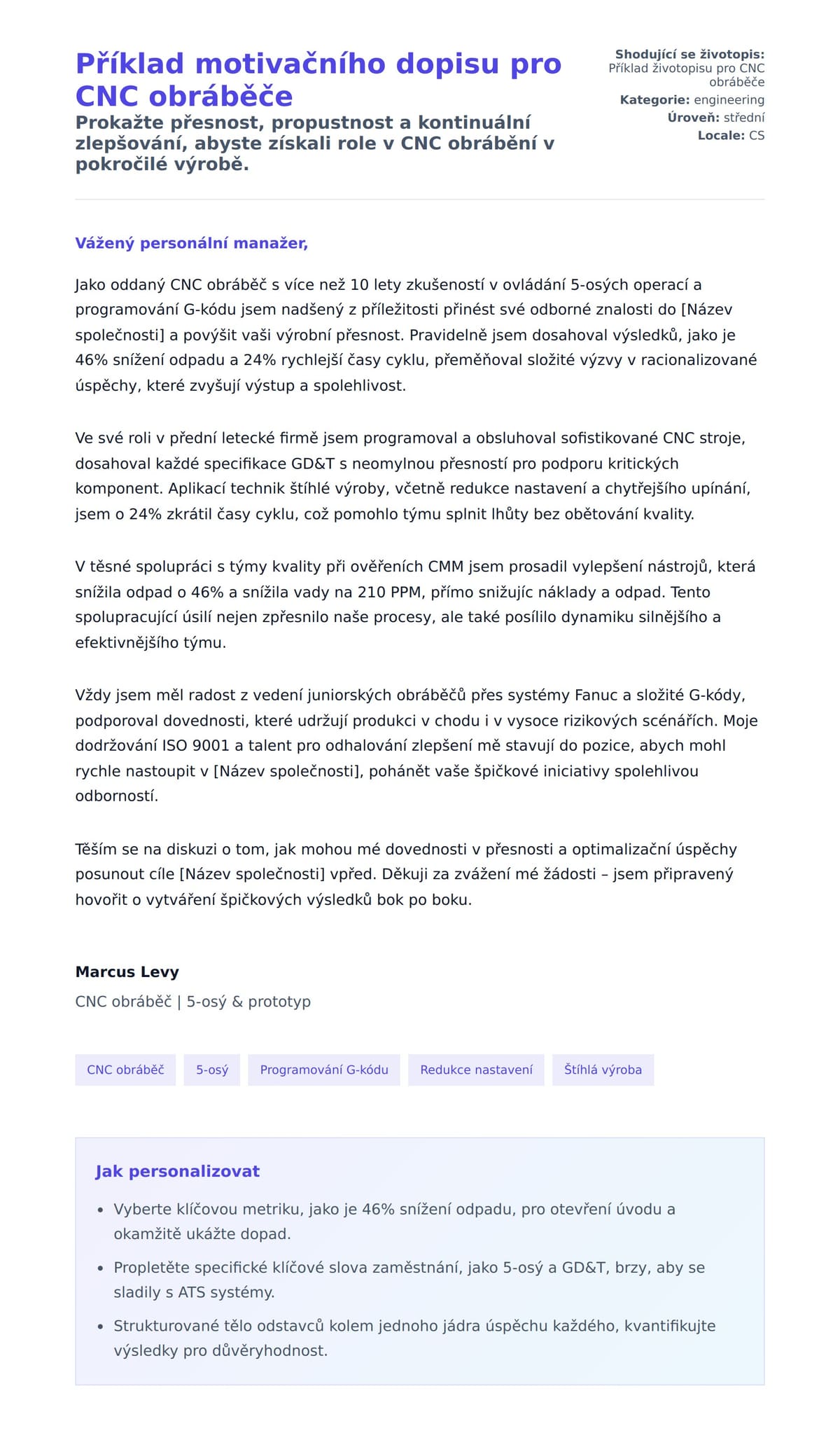 Náhled motivačního dopisu pro Příklad motivačního dopisu pro CNC obráběče