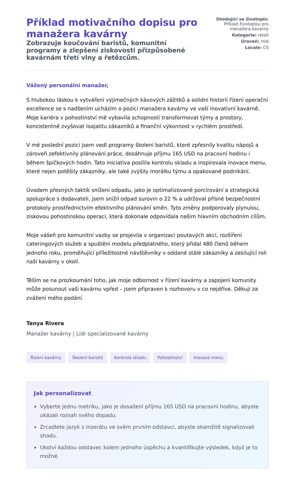 Náhled motivačního dopisu pro Příklad motivačního dopisu pro manažera kavárny