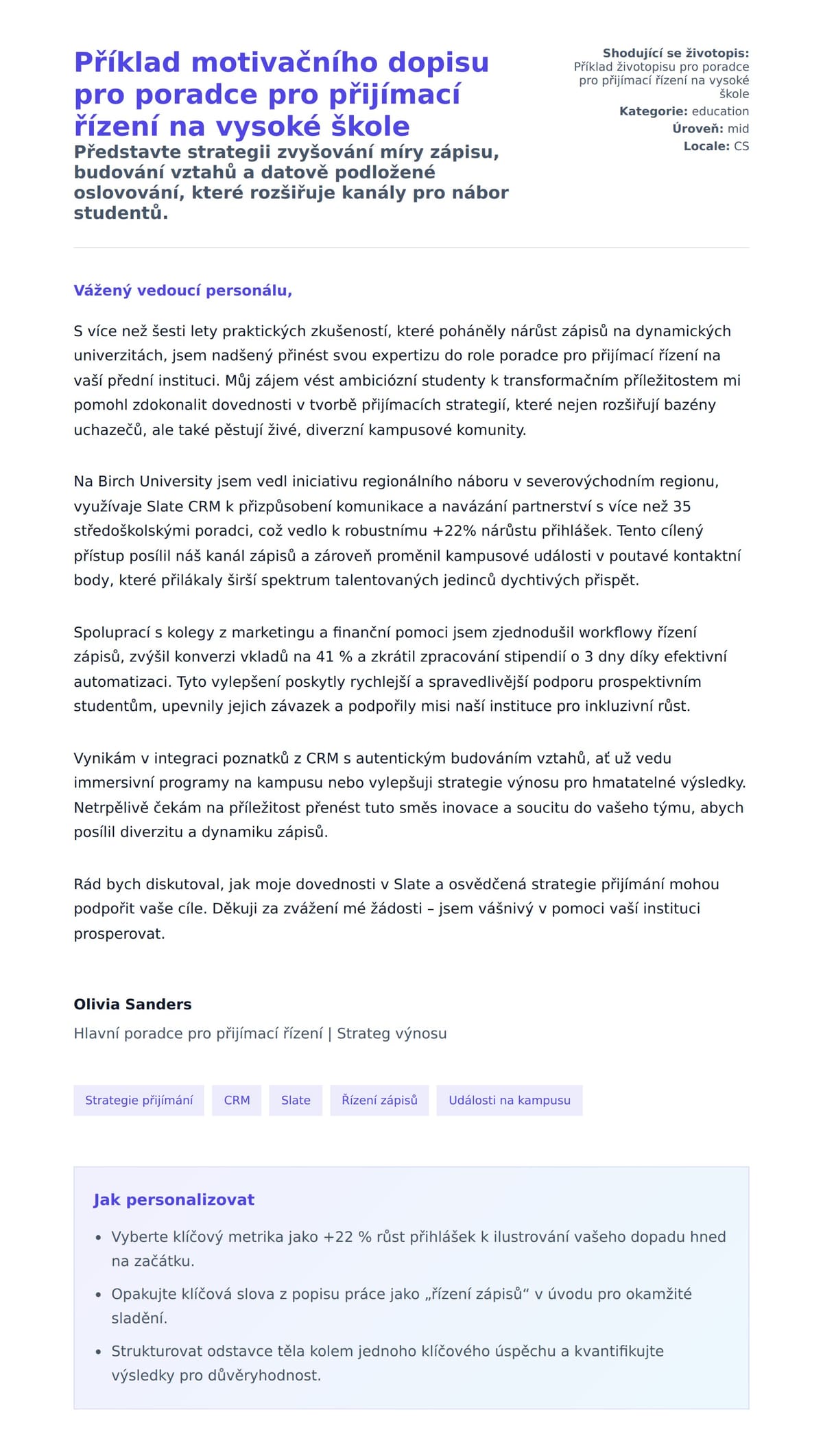 Náhled motivačního dopisu pro Příklad motivačního dopisu pro poradce pro přijímací řízení na vysoké škole