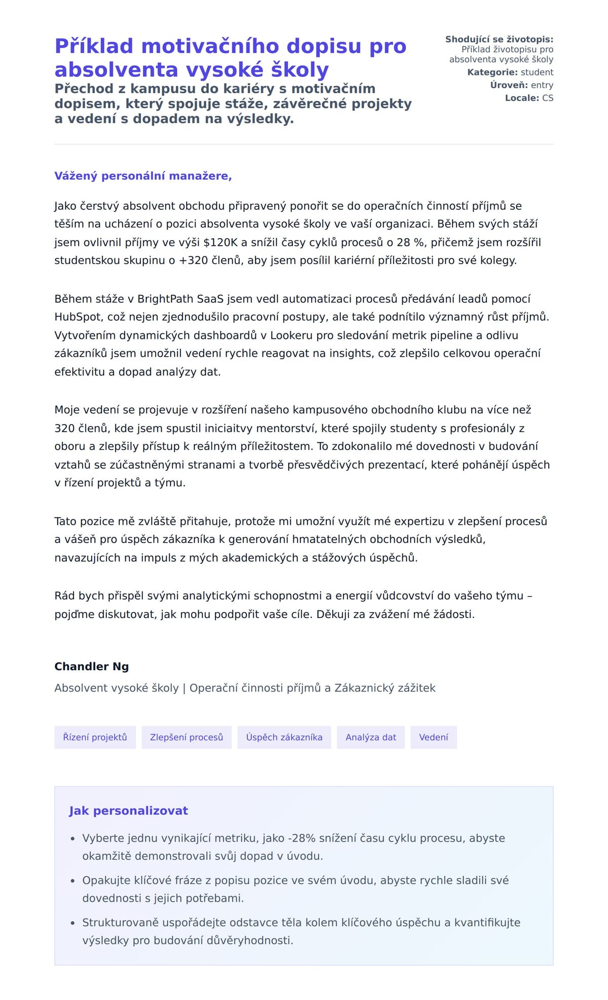 Náhled motivačního dopisu pro Příklad motivačního dopisu pro absolventa vysoké školy