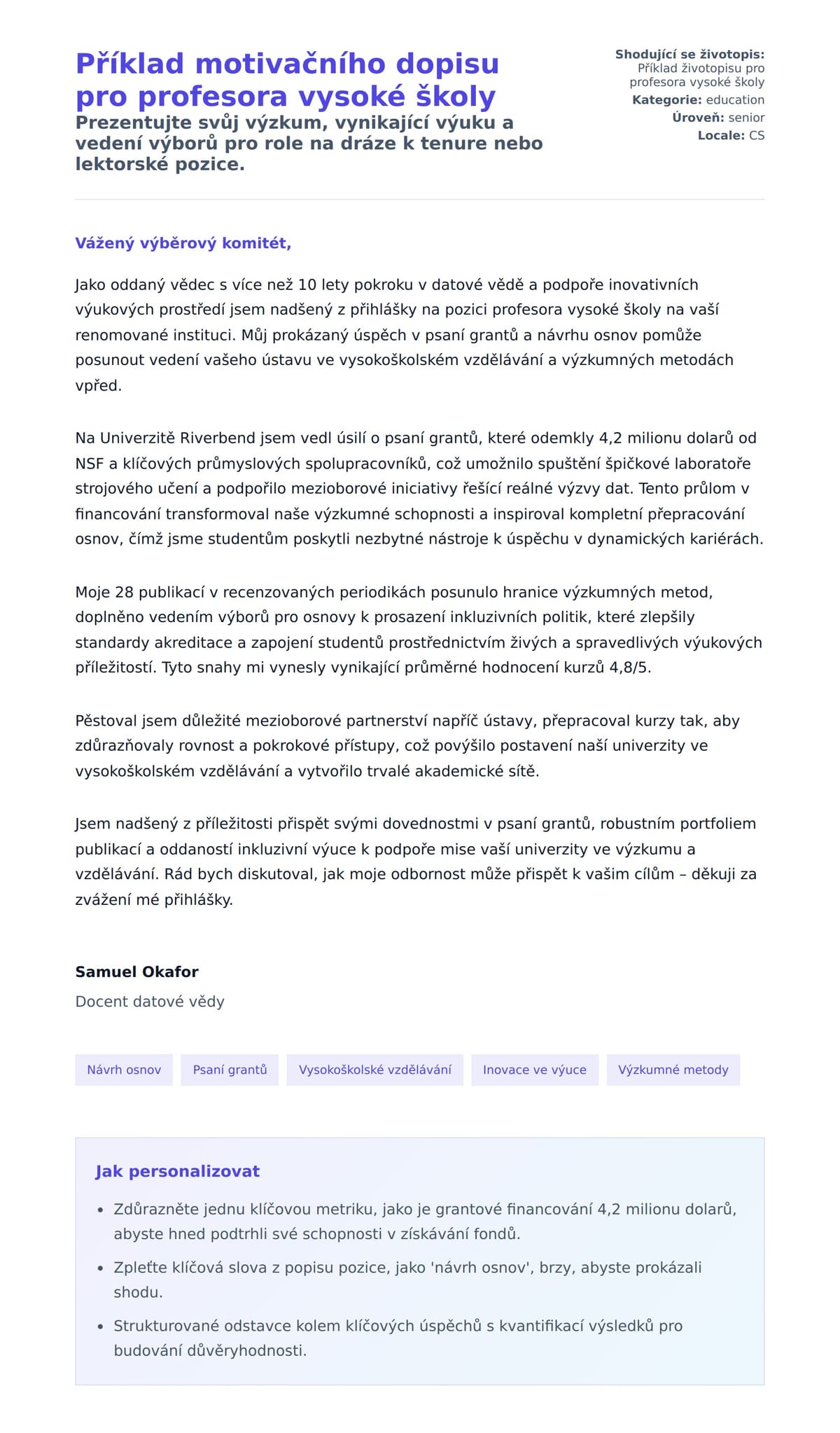 Náhled motivačního dopisu pro Příklad motivačního dopisu pro profesora vysoké školy